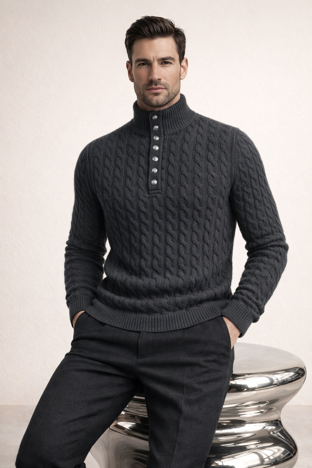 Mirko Merino Cable Mock Knit Dark Grey