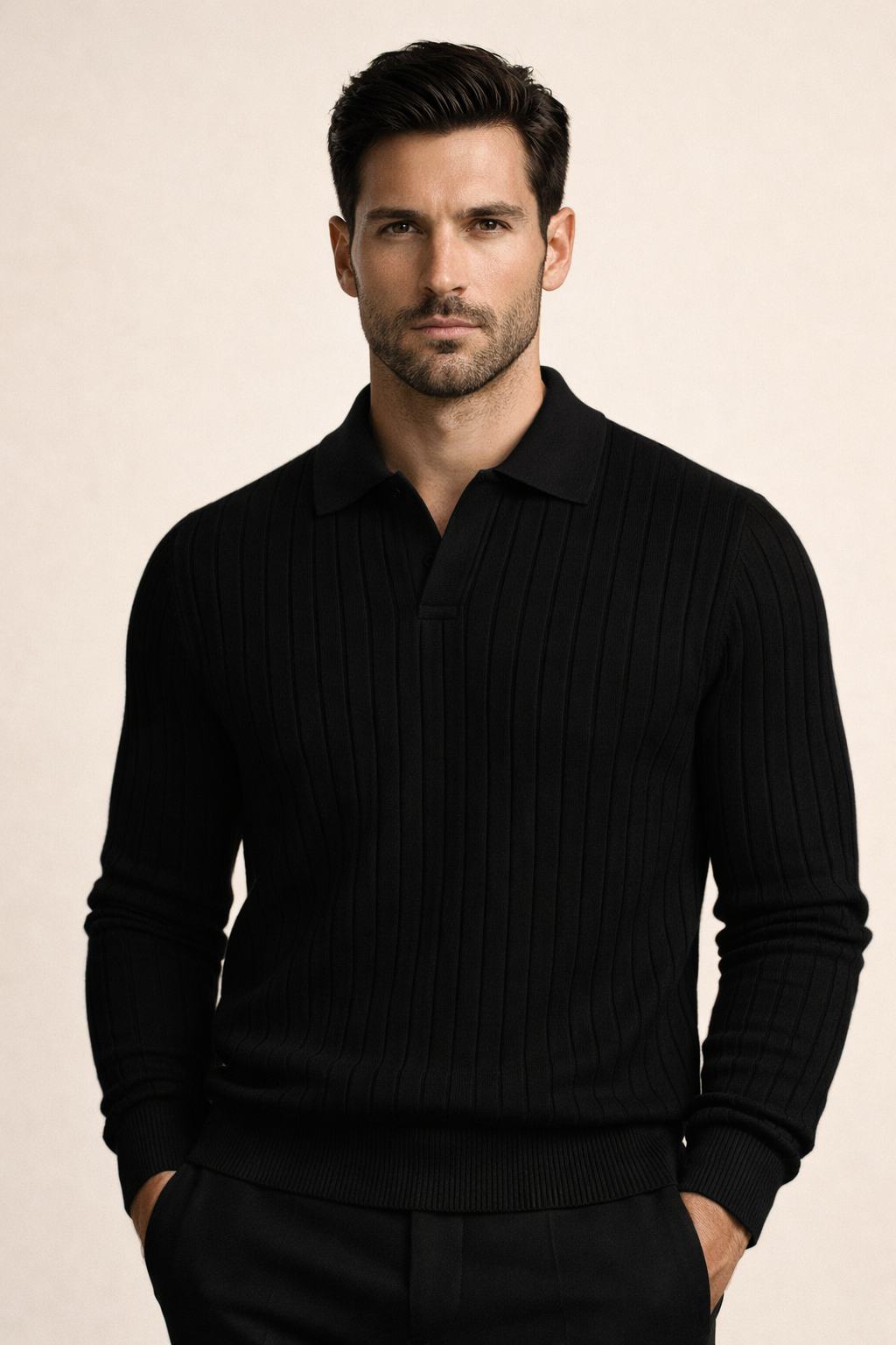 Leonardo Ribbed Knit Polo Black