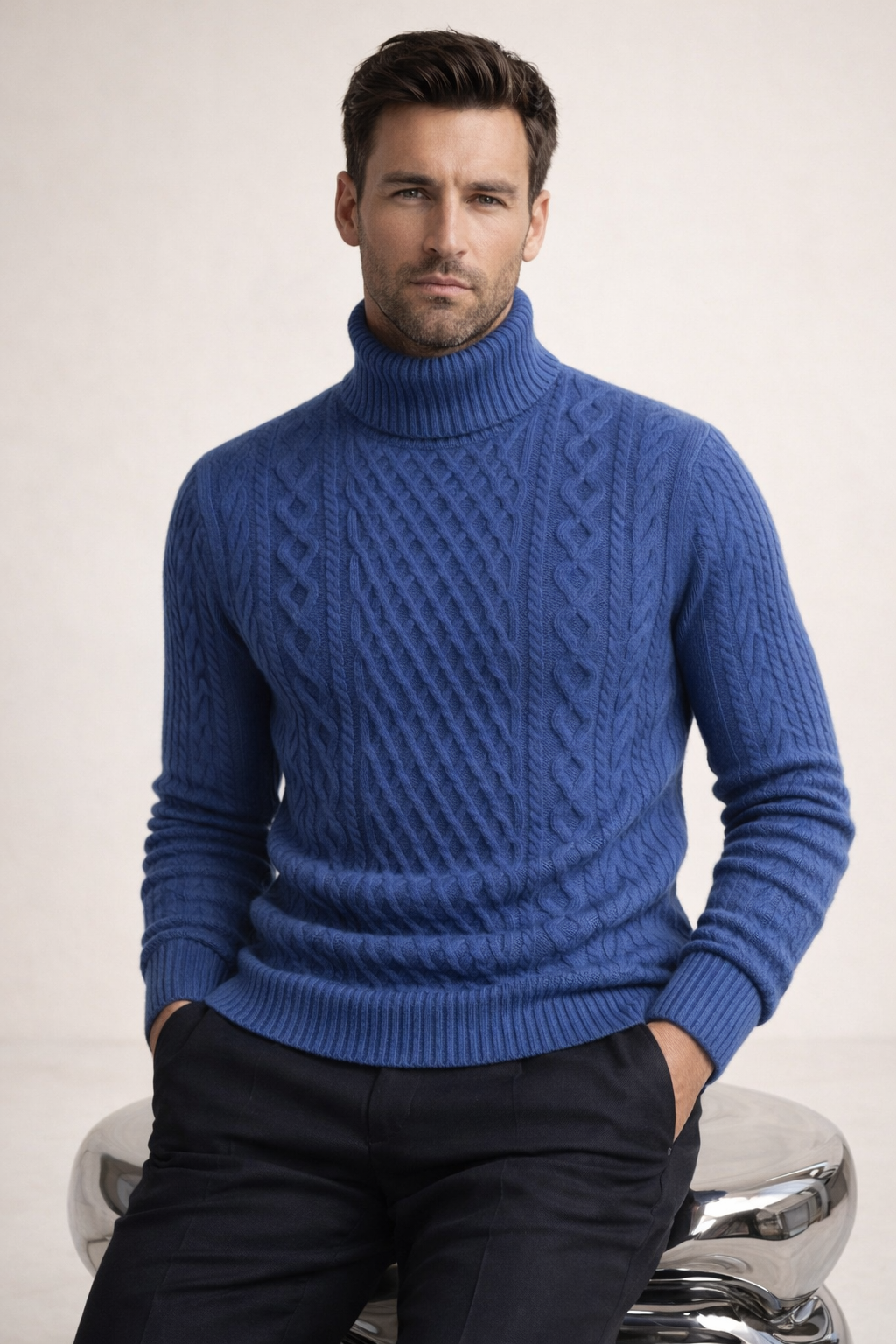 Giuseppe Merino Cable Turtleneck Navy Blue