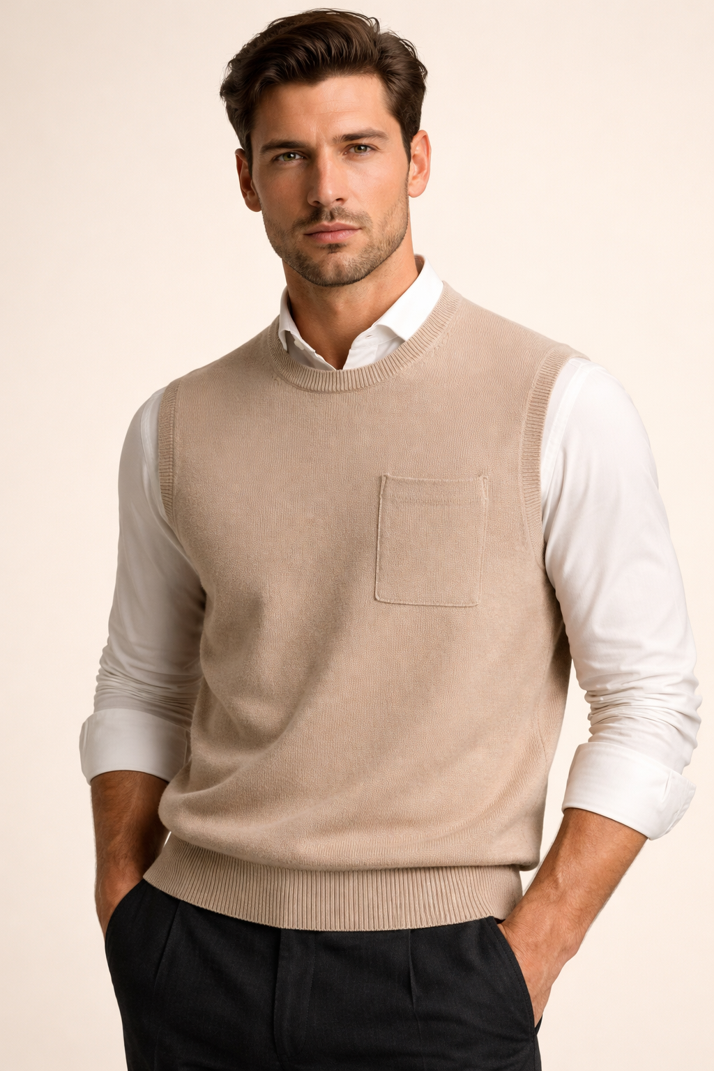 Nerio Extra-Fine Crew Vest Beige