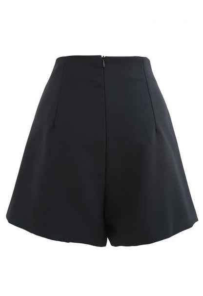 Flap Front Golden Button Trim Skorts in Black