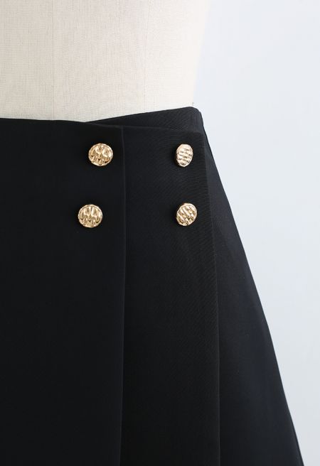 Flap Front Golden Button Trim Skorts in Black