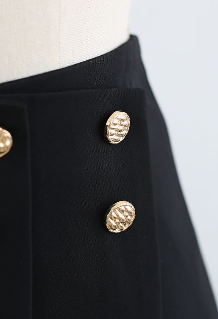 Flap Front Golden Button Trim Skorts in Black