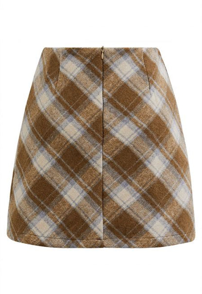 Iconic Plaid Pattern Mini Bud Skirt in Camel