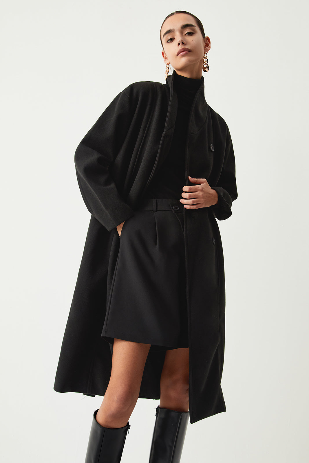 High-Neck Wool-Blend Trench Coat