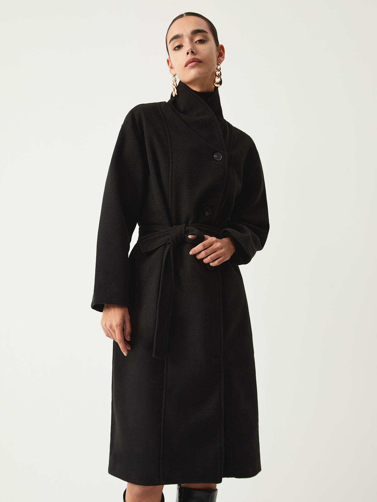 High-Neck Wool-Blend Trench Coat