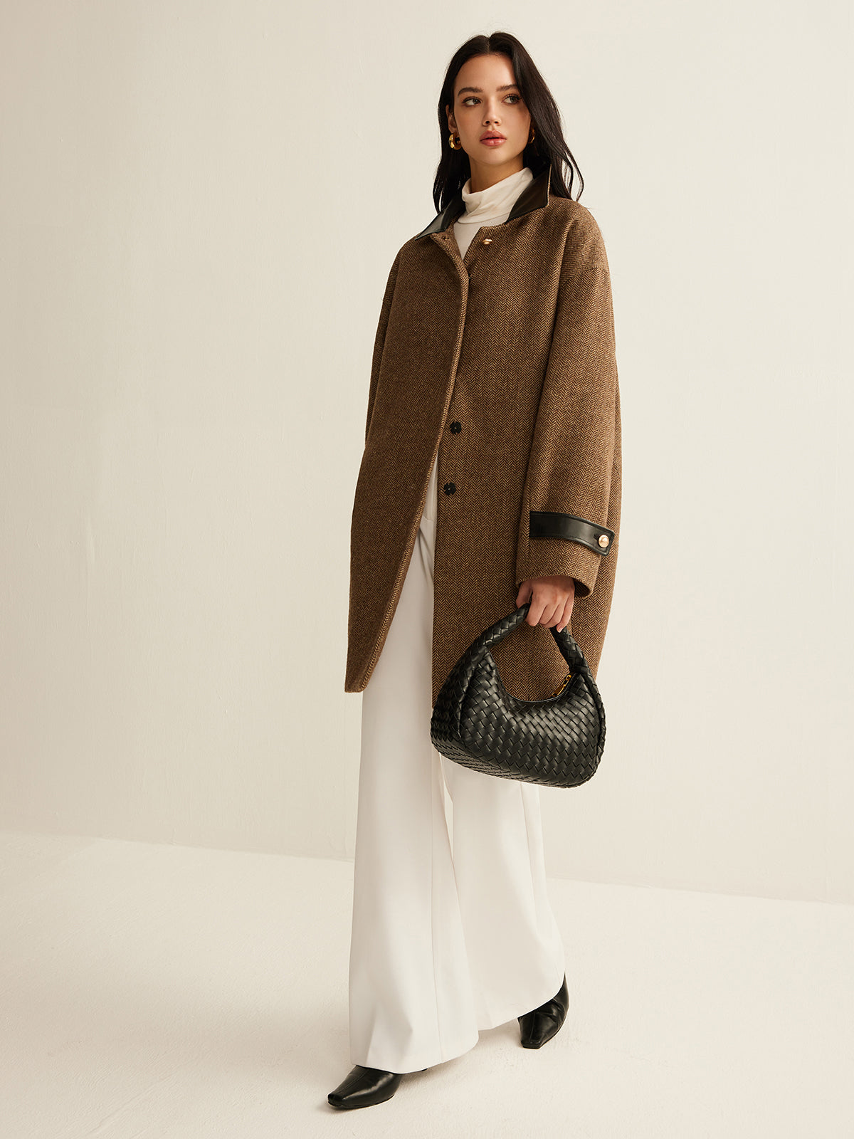 Wool Tweed Coat with Contrasting Collar