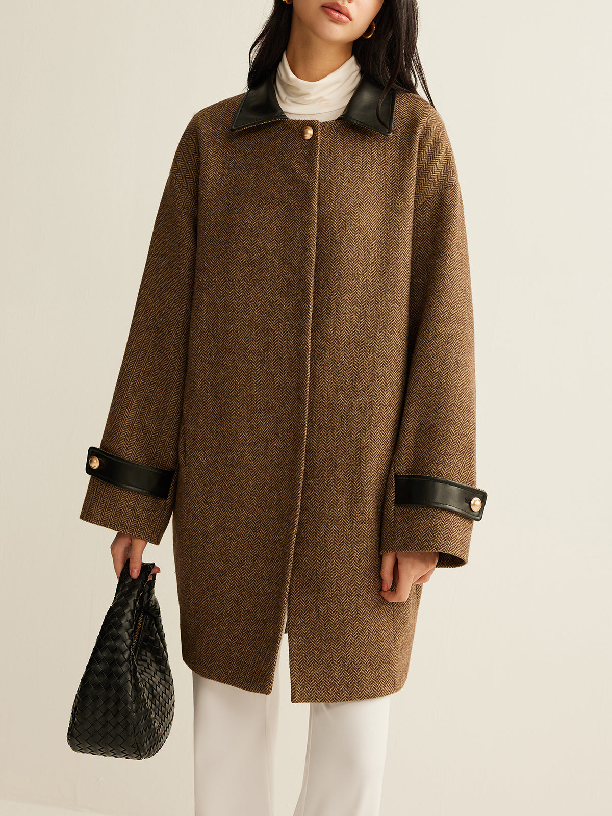 Wool Tweed Coat with Contrasting Collar