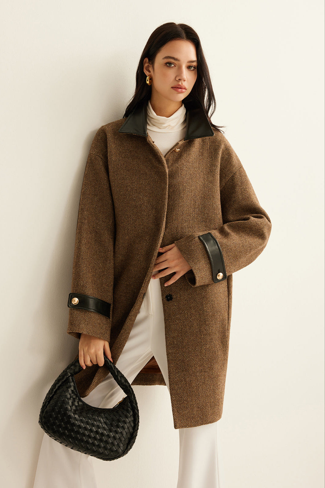 Wool Tweed Coat with Contrasting Collar