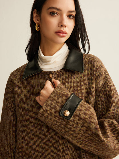 Wool Tweed Coat with Contrasting Collar