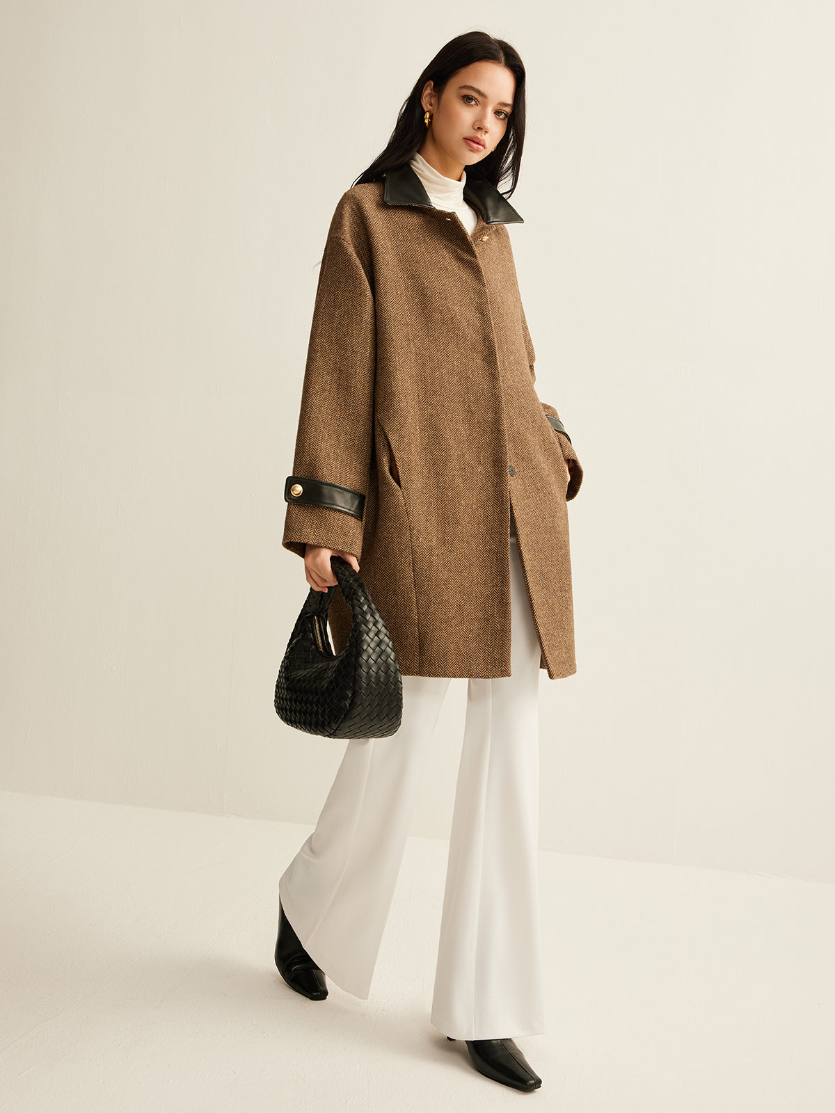 Wool Tweed Coat with Contrasting Collar