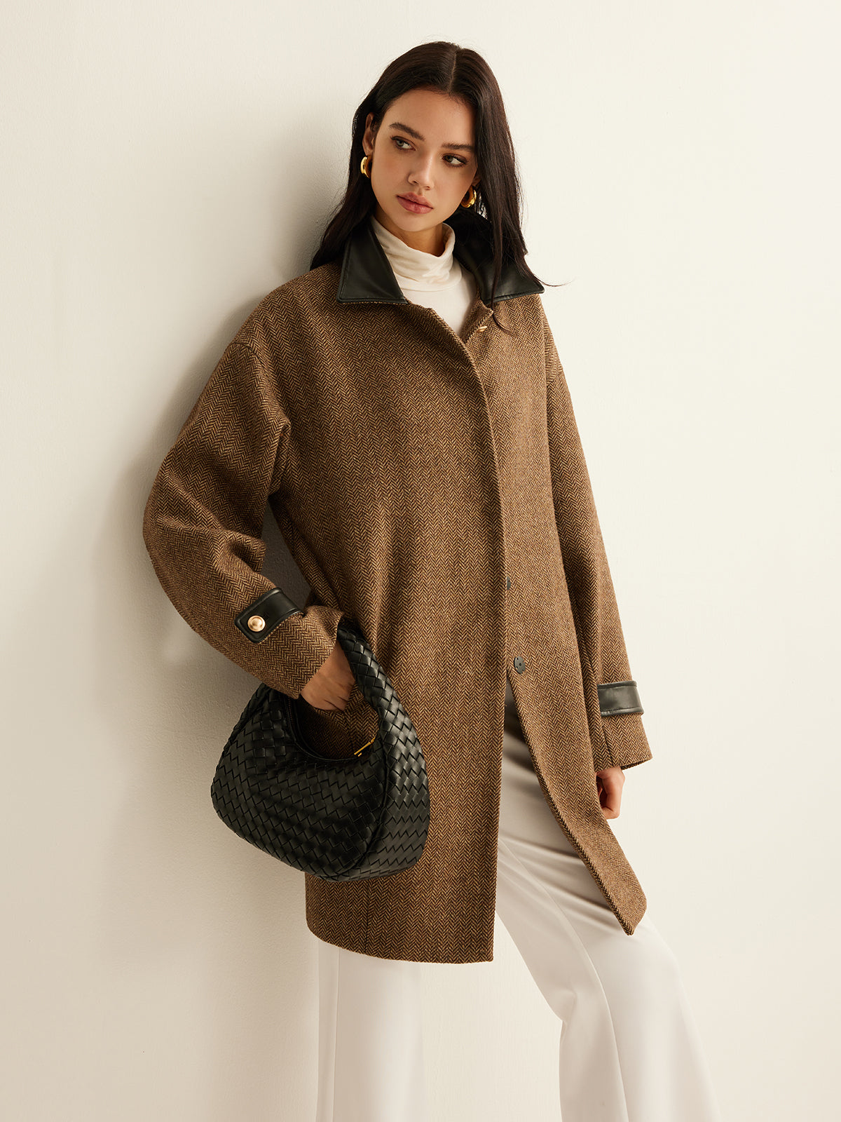 Wool Tweed Coat with Contrasting Collar