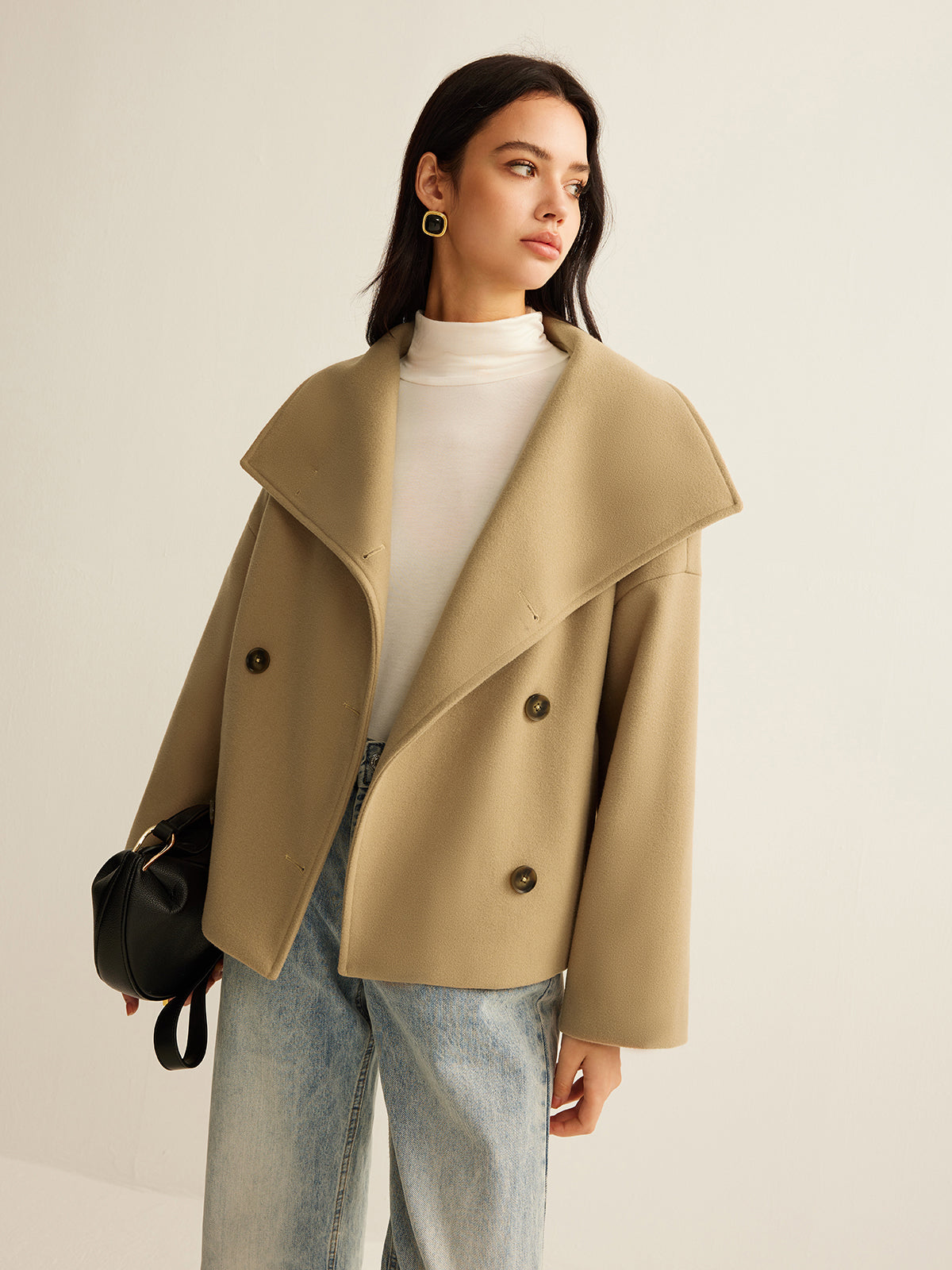 Wide-Collar Cropped Tweed Coat