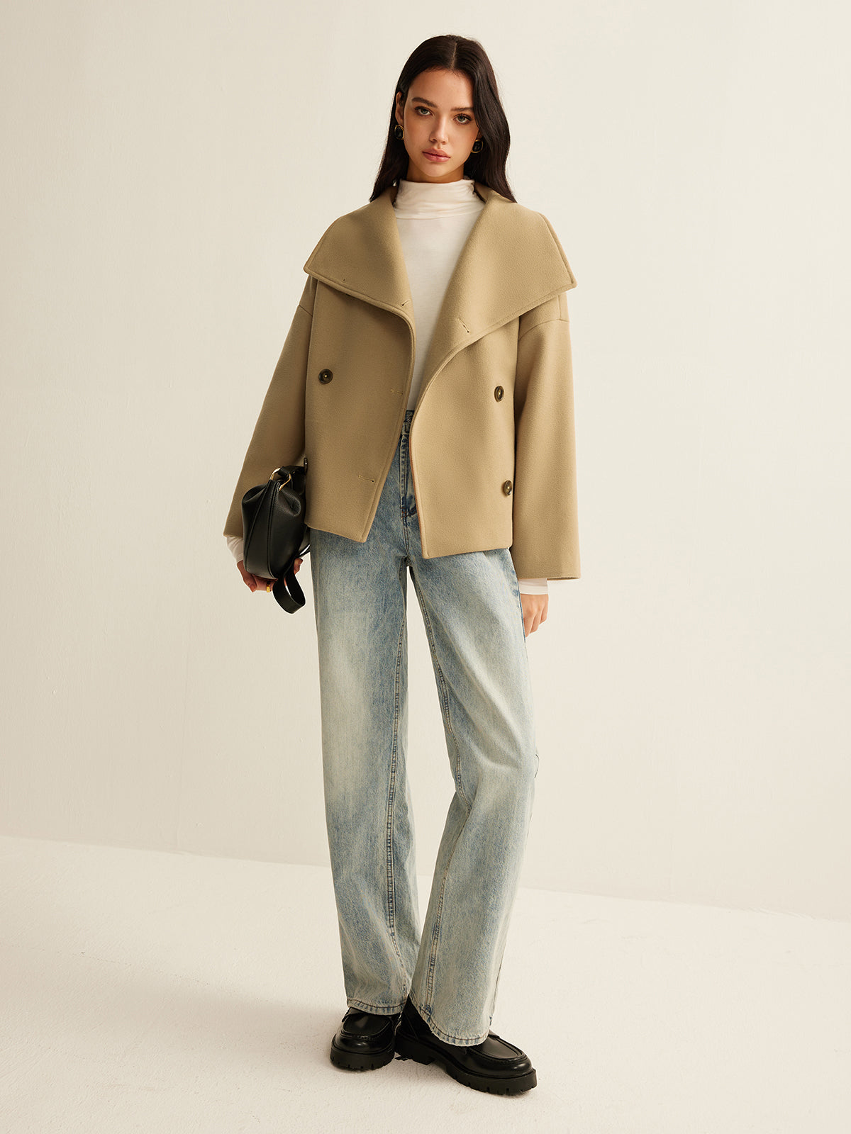 Wide-Collar Cropped Tweed Coat