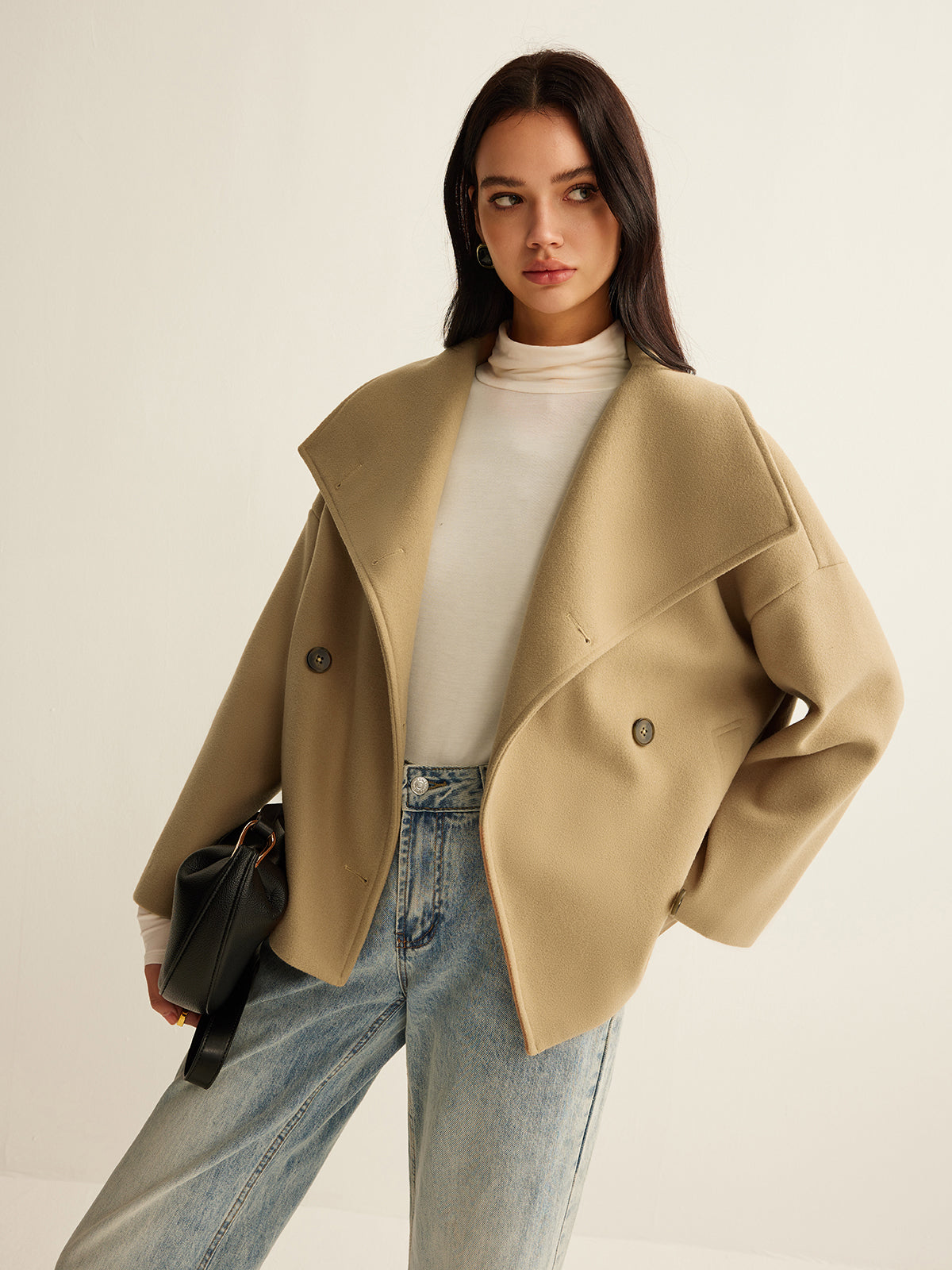 Wide-Collar Cropped Tweed Coat