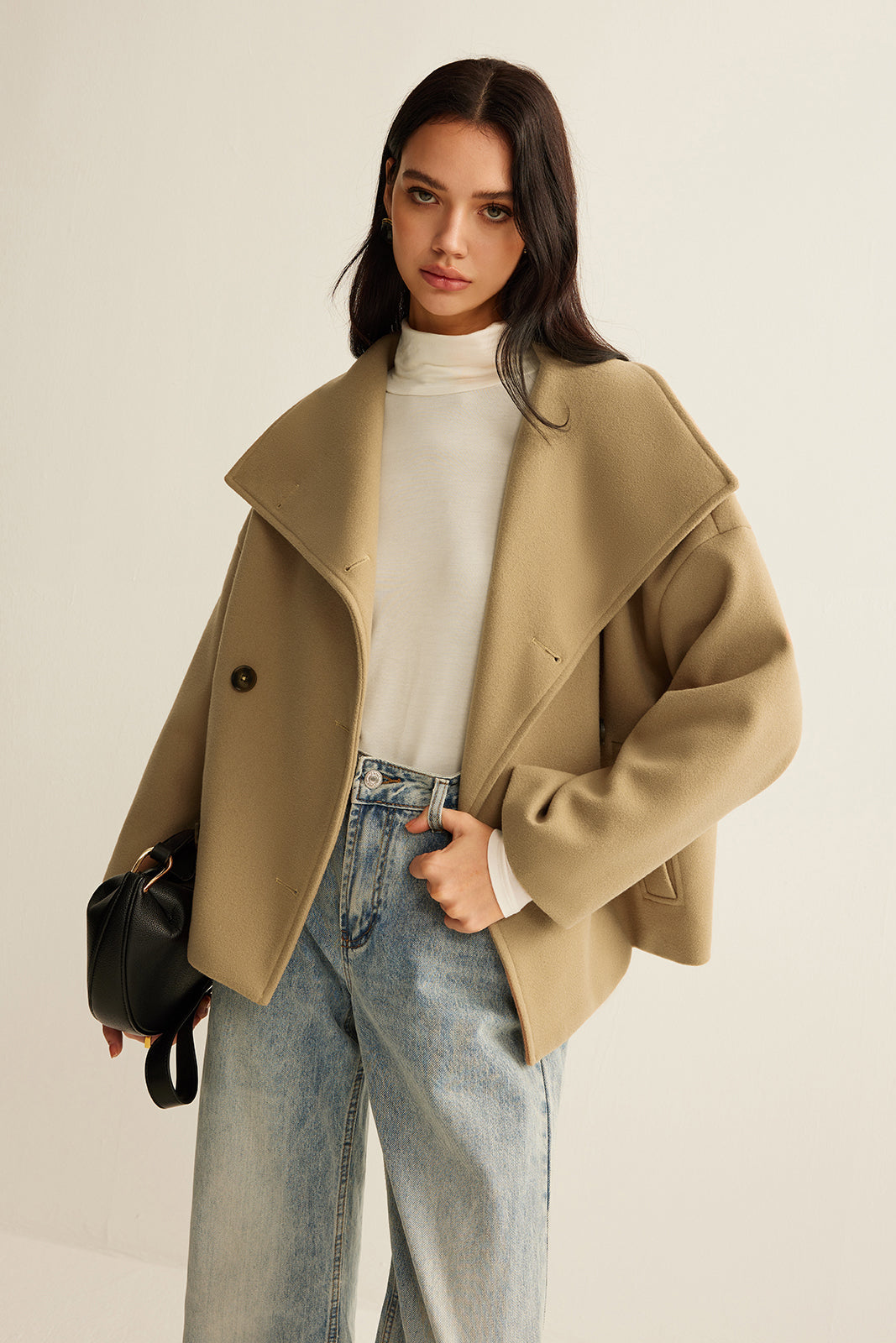 Wide-Collar Cropped Tweed Coat