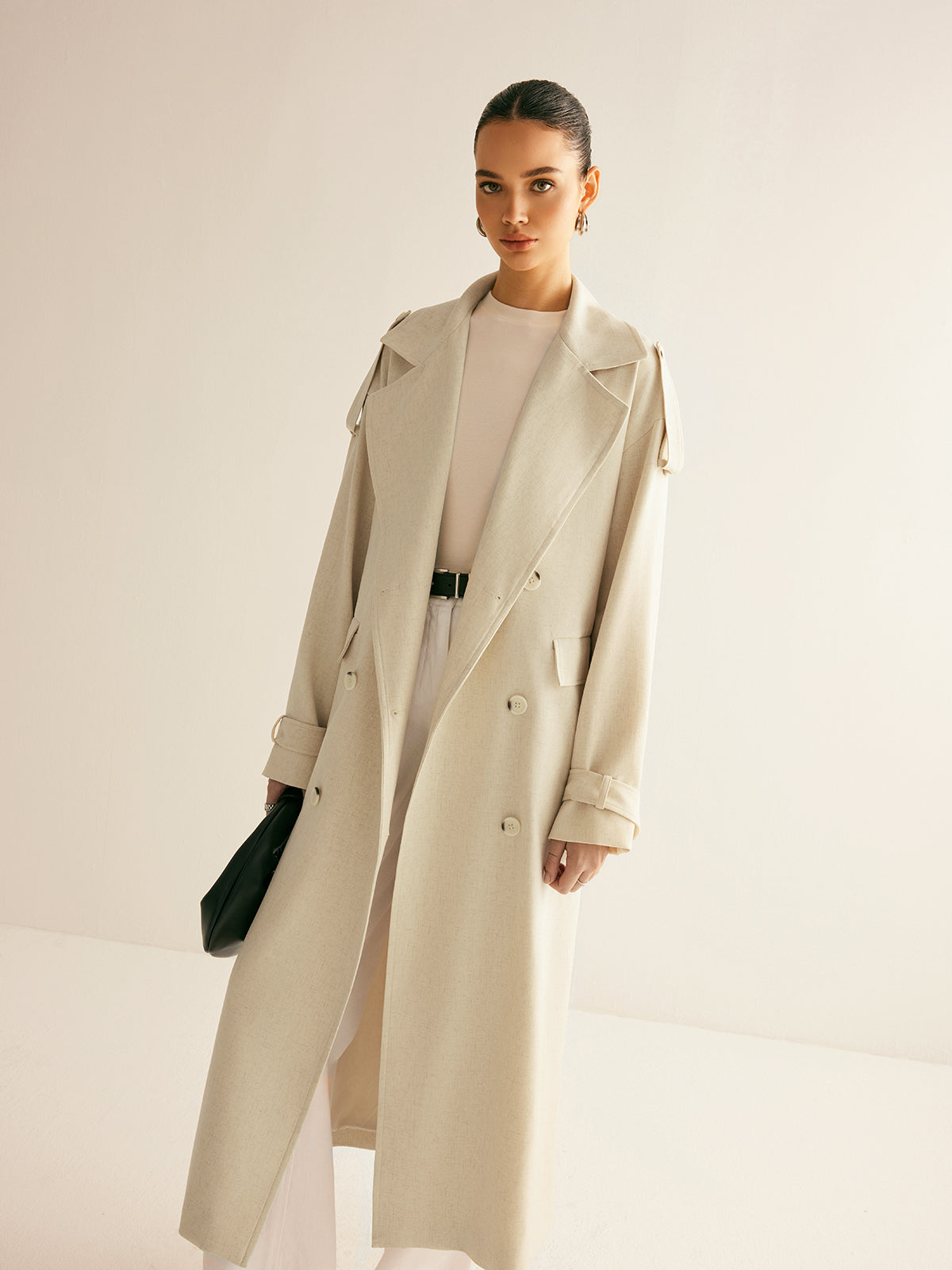 Linen-Blend Trench Coat with Belted Waist