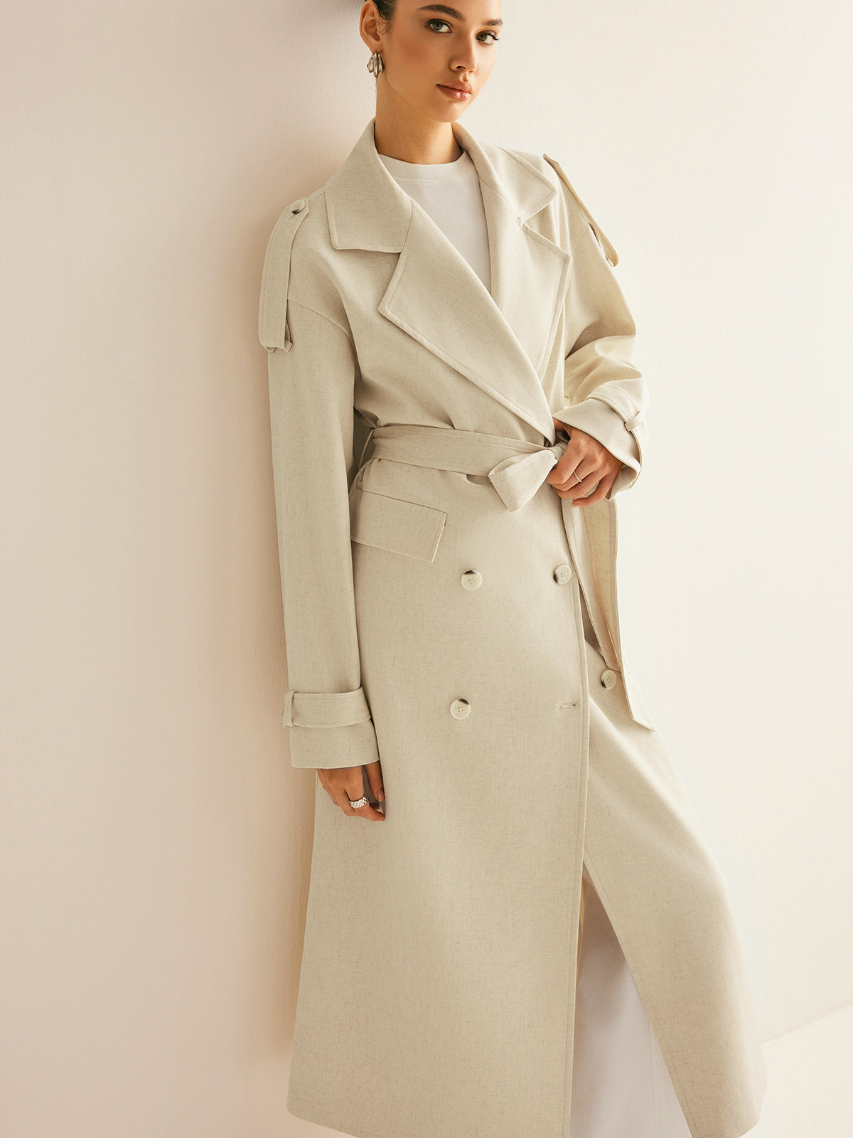 Linen-Blend Trench Coat with Belted Waist
