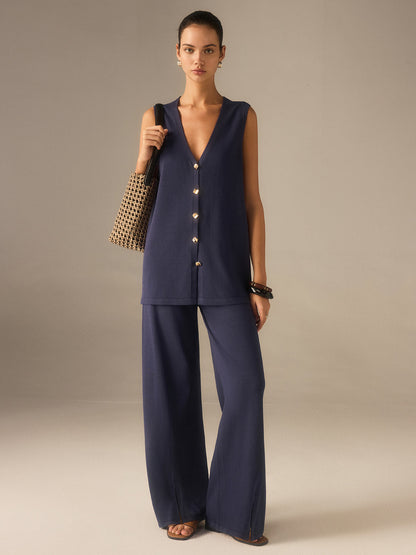 Gold-Button Knit Waistcoat Set