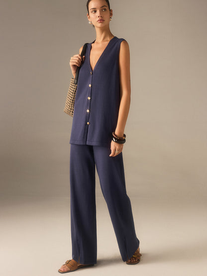 Gold-Button Knit Waistcoat Set