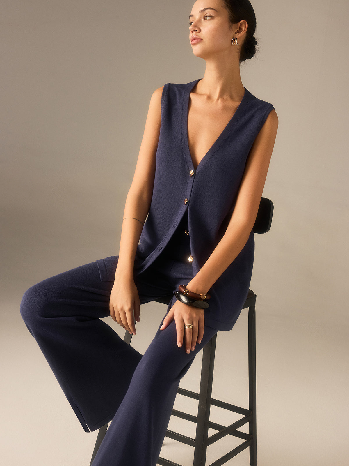 Gold-Button Knit Waistcoat Set