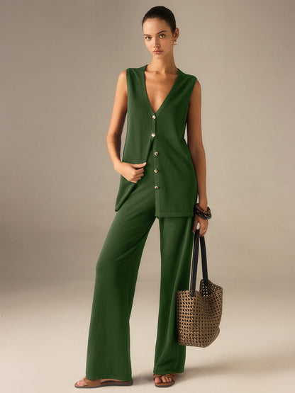 Gold-Button Knit Waistcoat Set