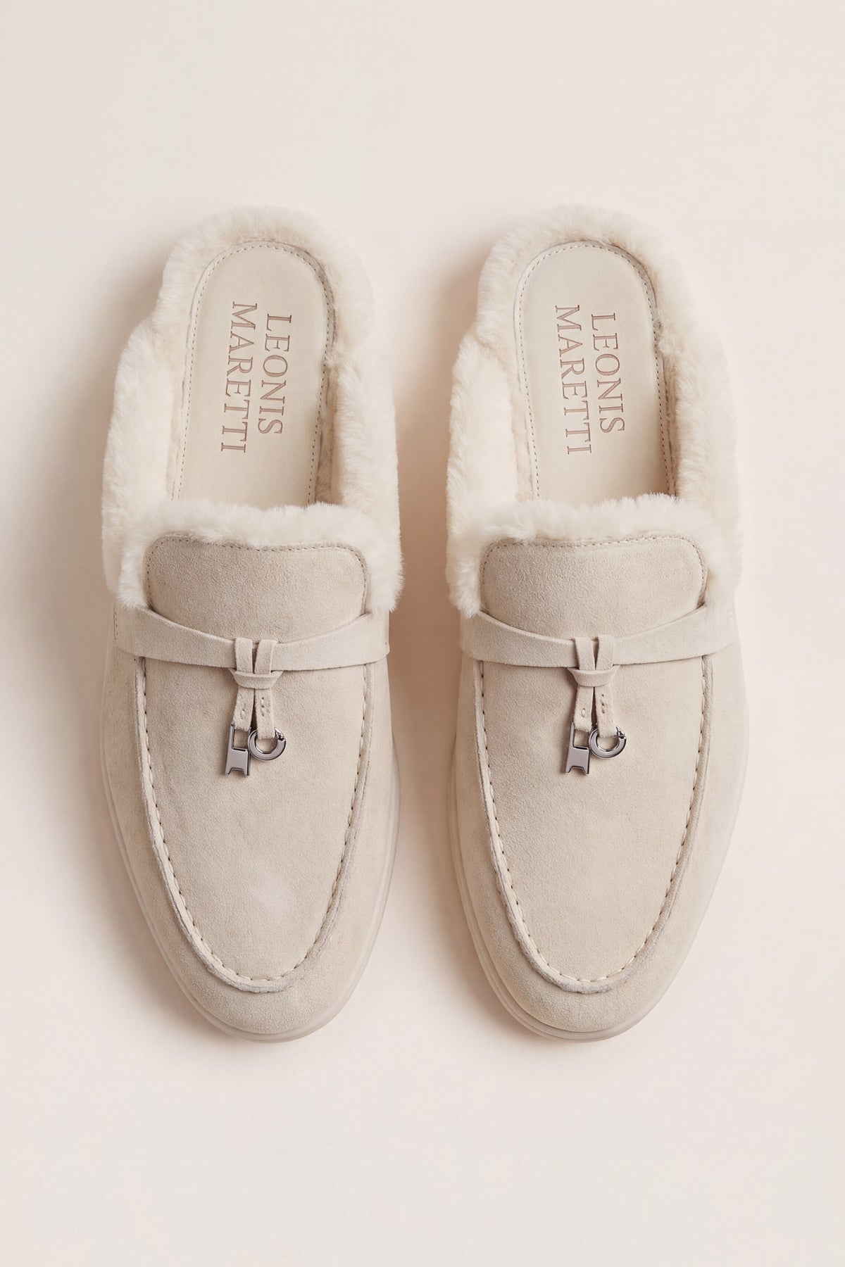 Maretti Fur-Lined Buckle Mule Cream
