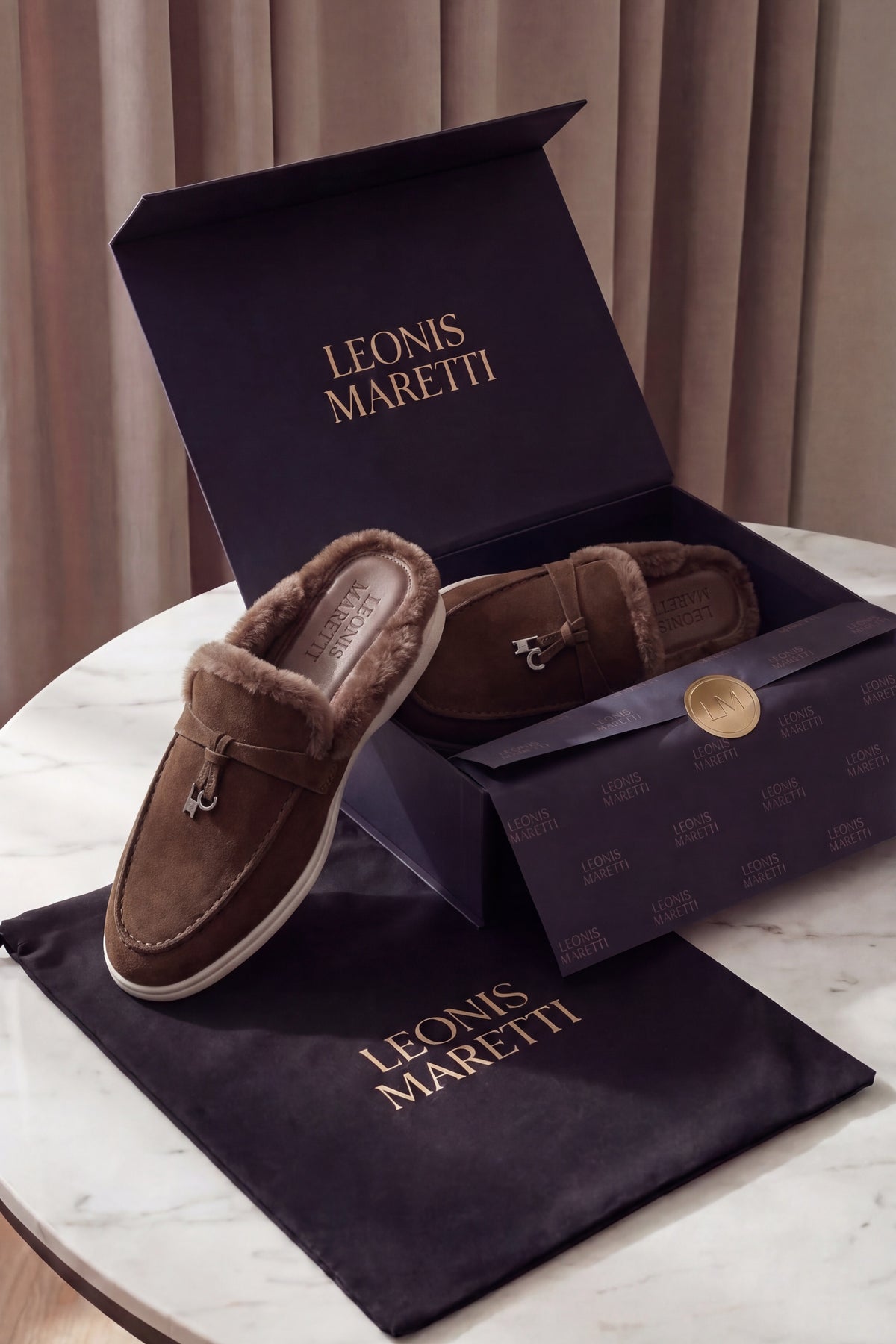 Maretti Fur-Lined Buckle Mule Dark Brown