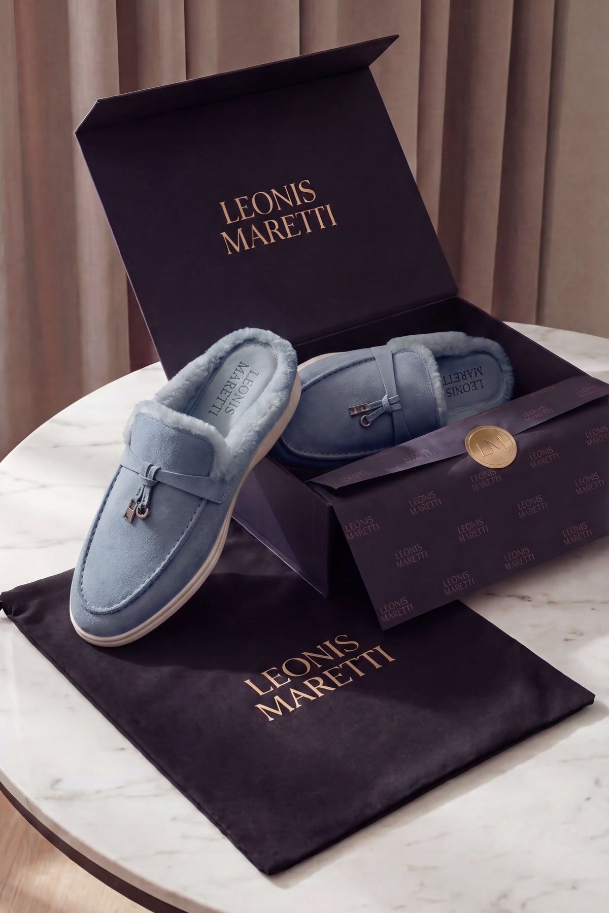 Maretti Fur-Lined Buckle Mule Light Blue