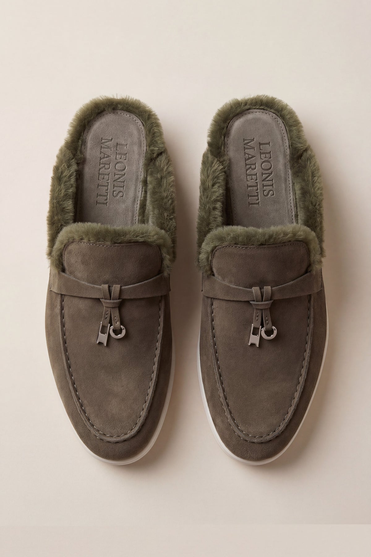 Maretti Fur-Lined Buckle Mule Olive