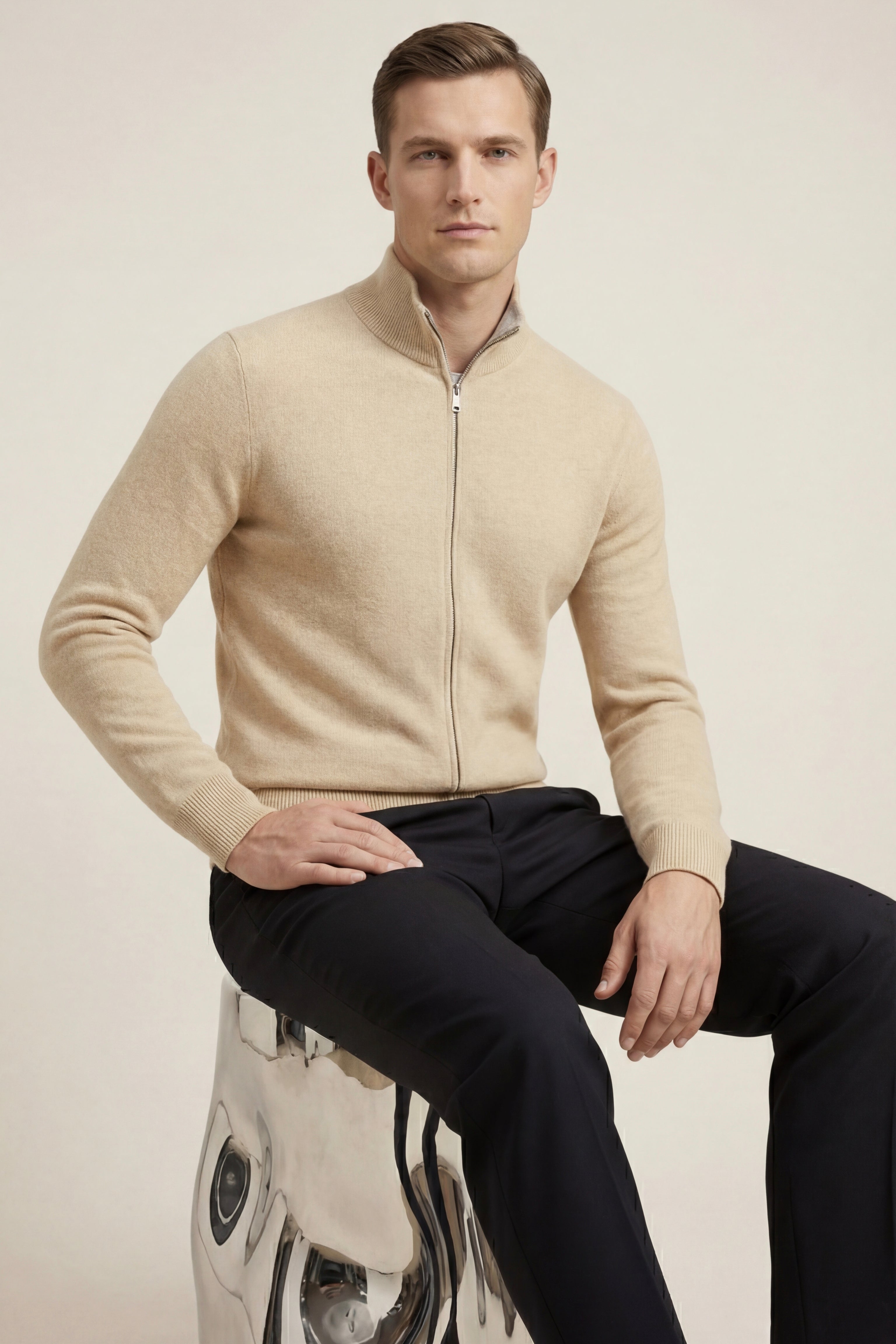 Marciello Reversible Cashmere Zip Knit Beige & Grey