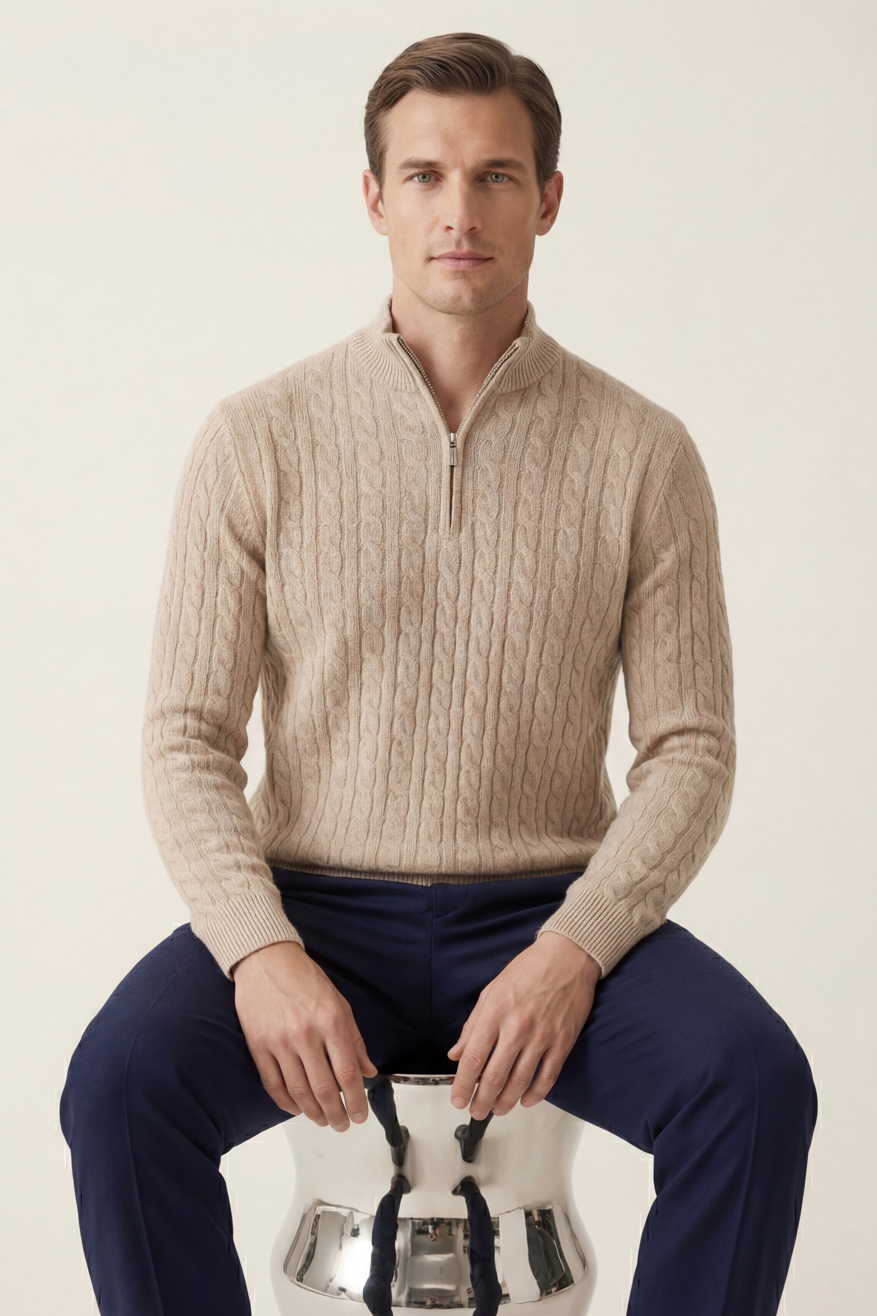 Lerano Cashmere Half-Zip Knit Beige