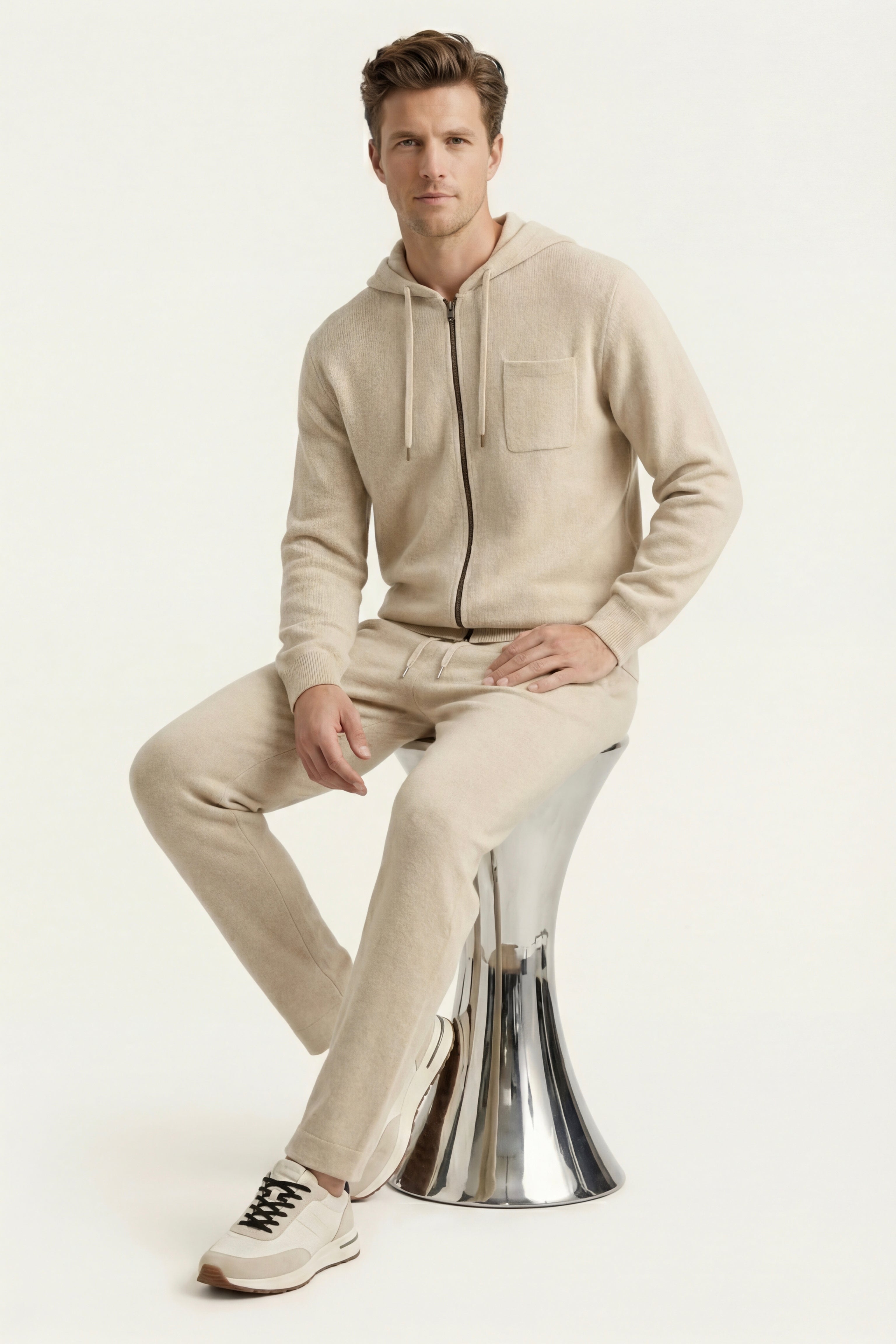 Elviro Cashmere Hooded Zip Set Cream