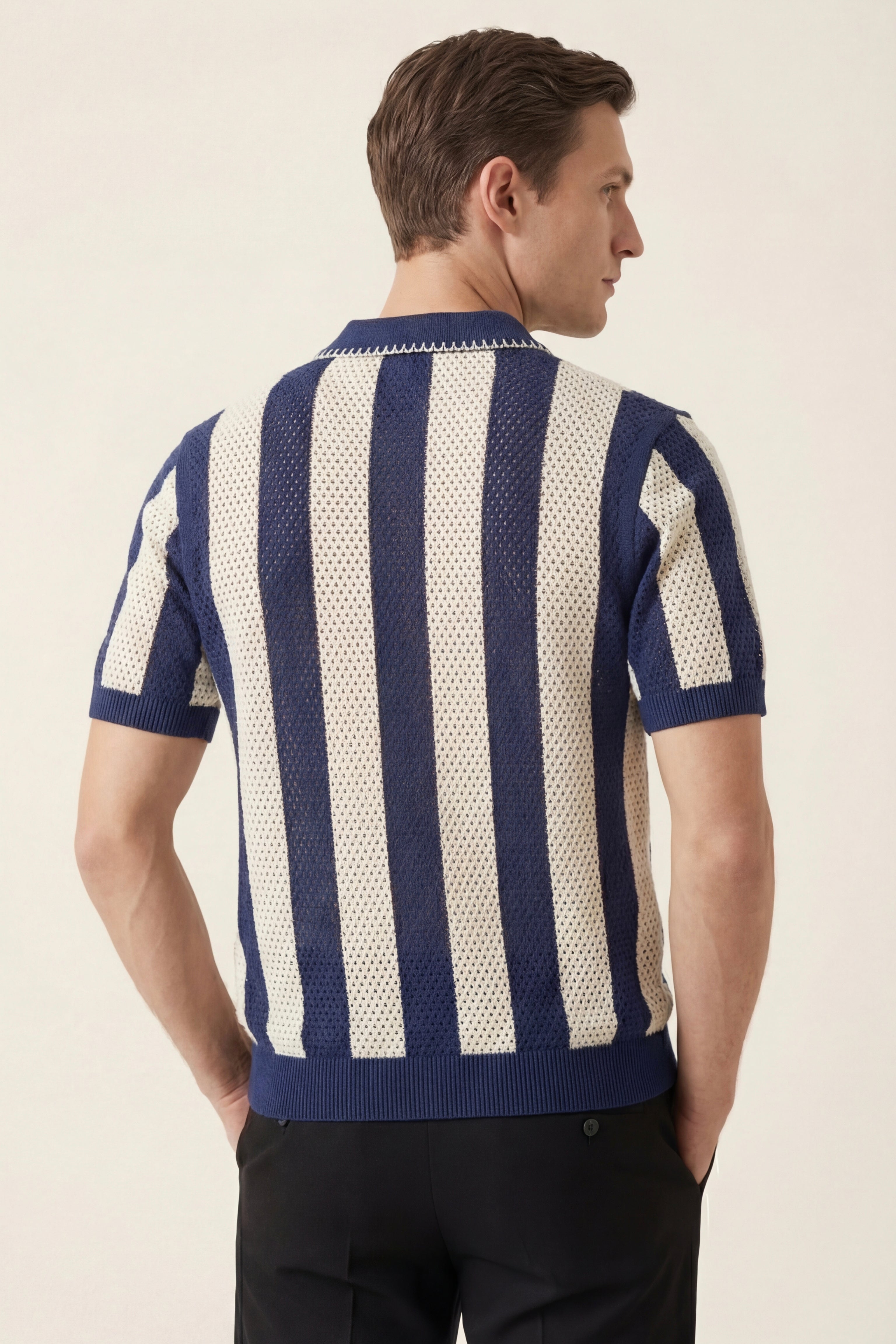 Silano Striped Knit Polo Navy