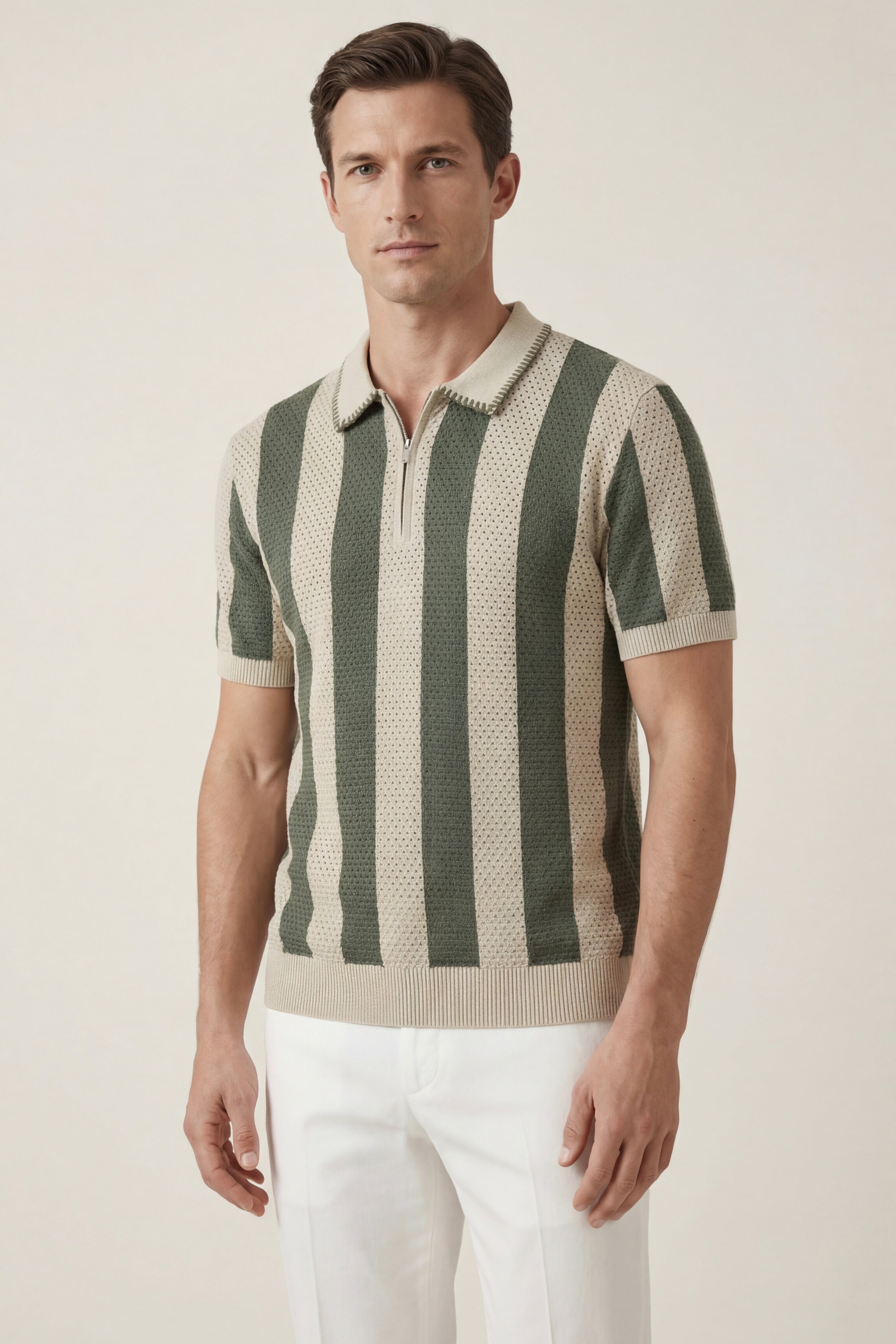 Silano Striped Knit Polo Green