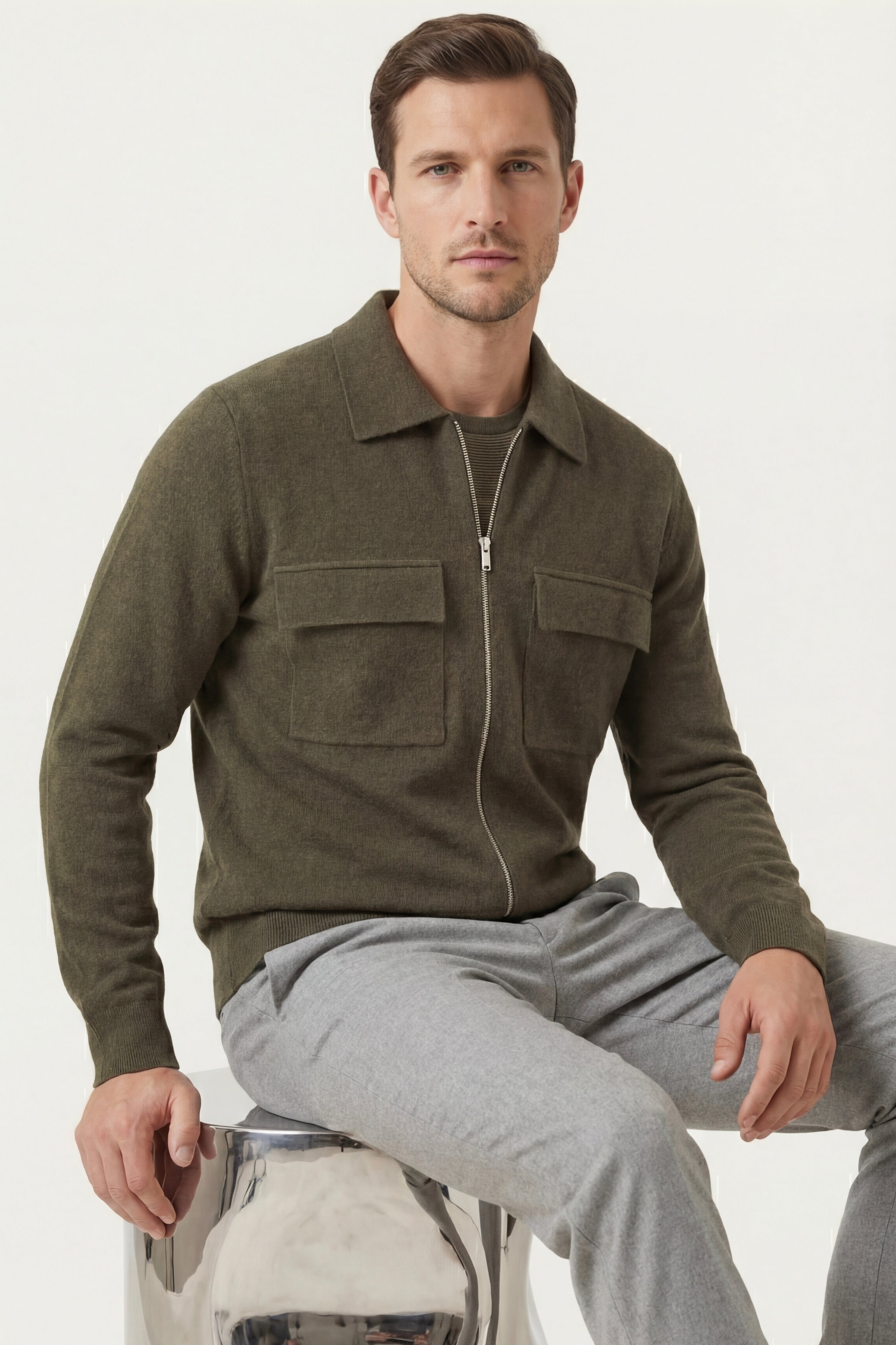 Orvello Dual-Zip Wool Cardigan Army Green