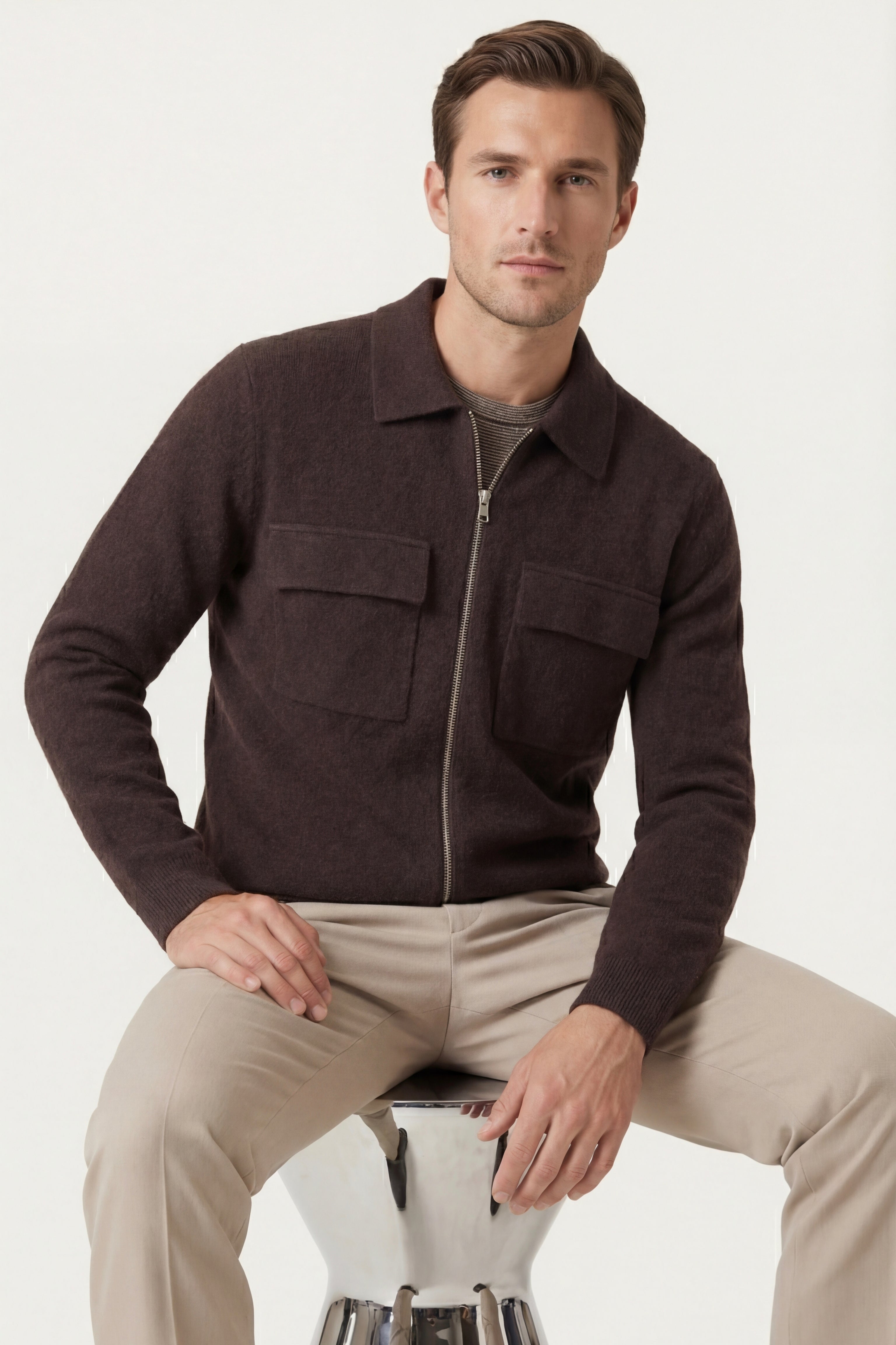 Orvello Dual-Zip Wool Cardigan Brown