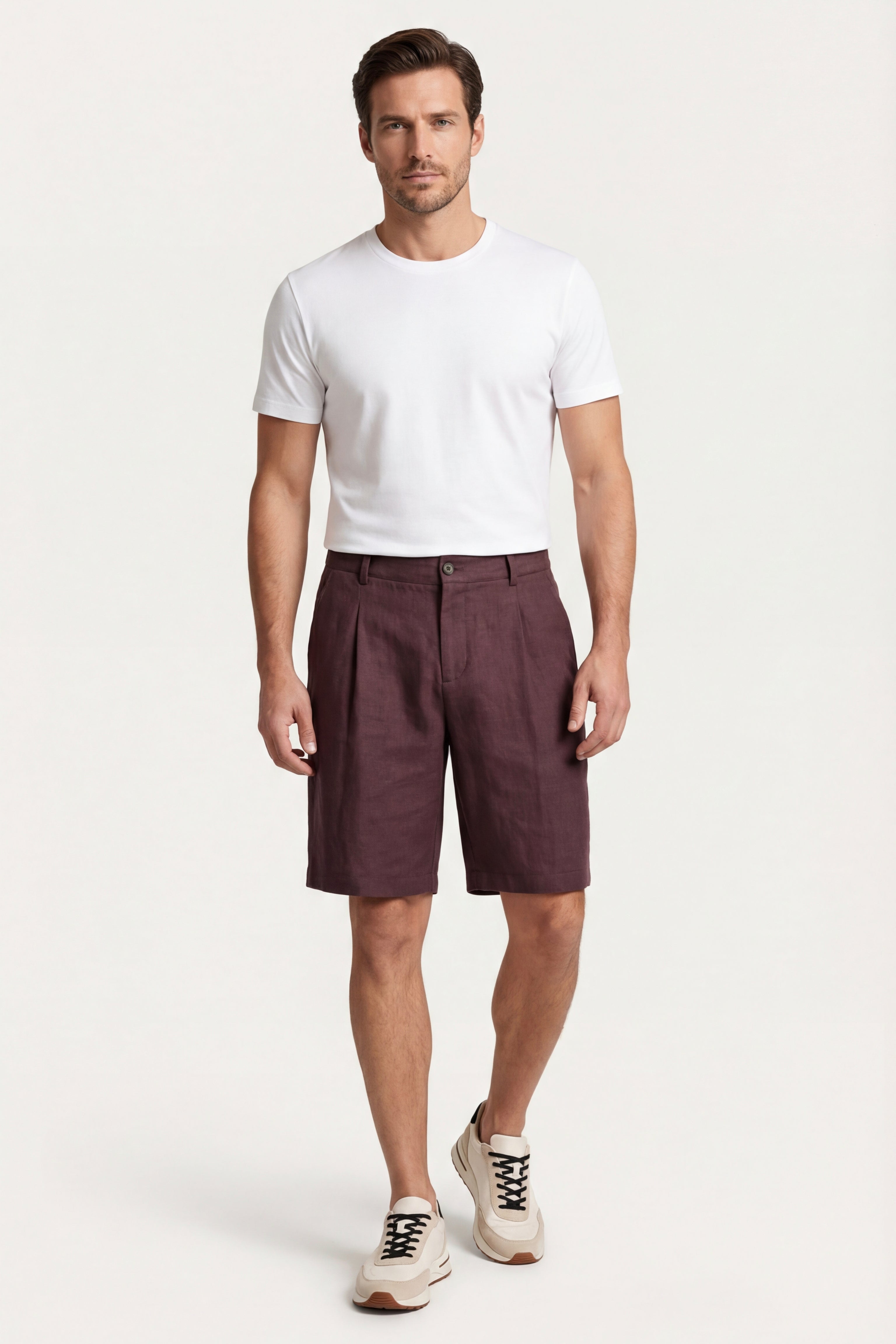 Orvieto Linen Pleated Shorts Wine Red