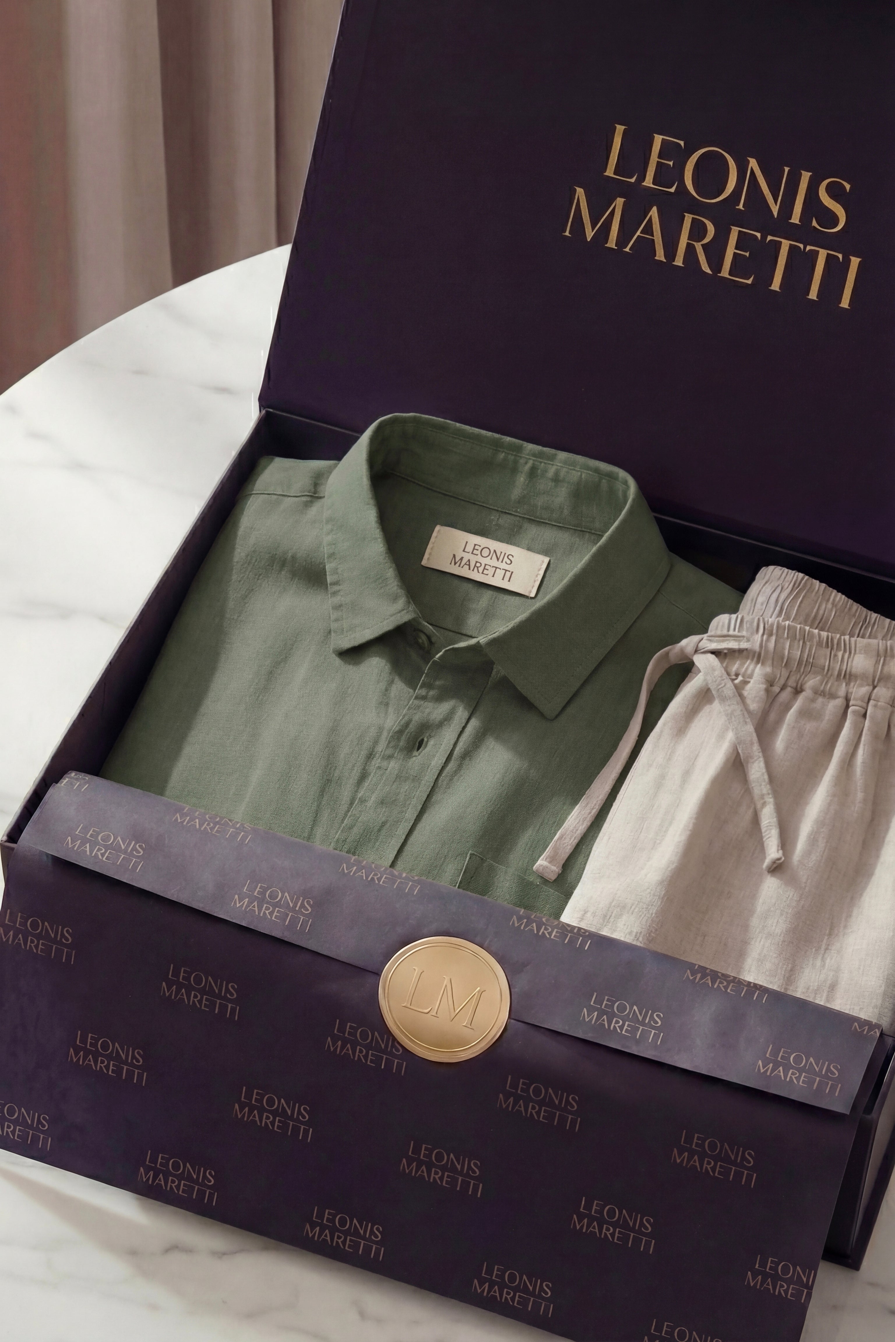 Verona Linen Shirt & Shorts Green/Beige