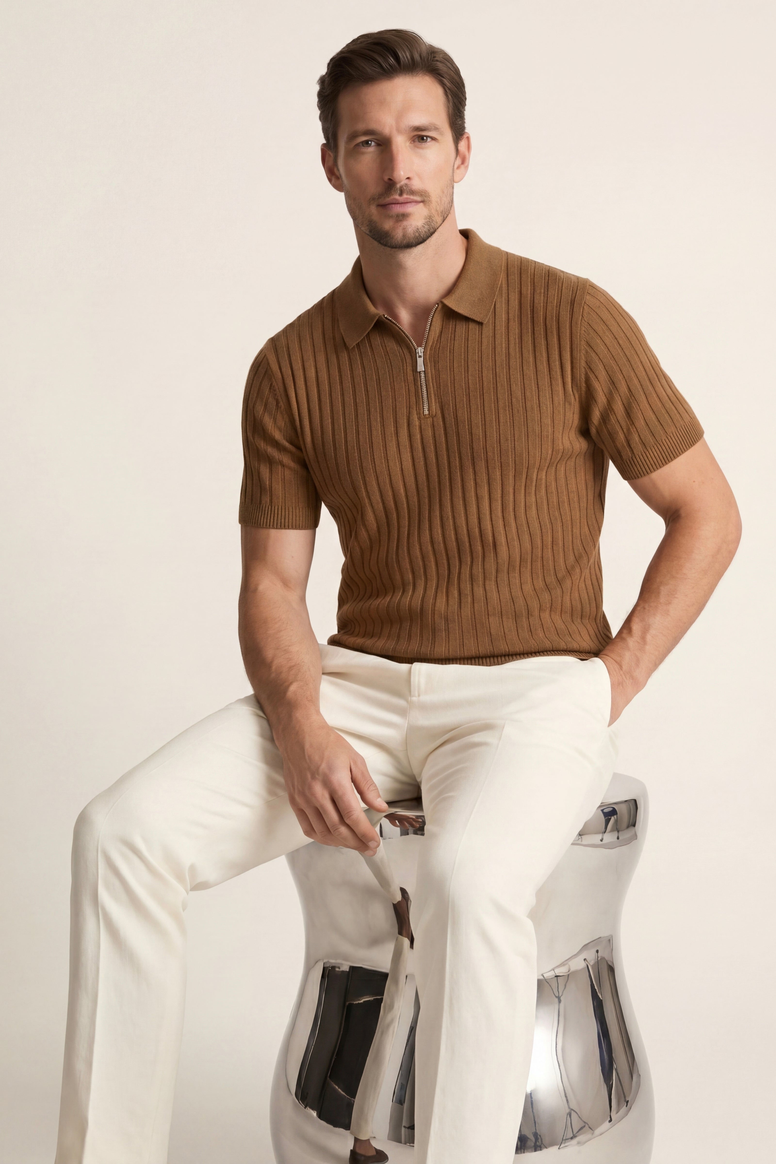 Elio Ribbed Zip Polo Caramel