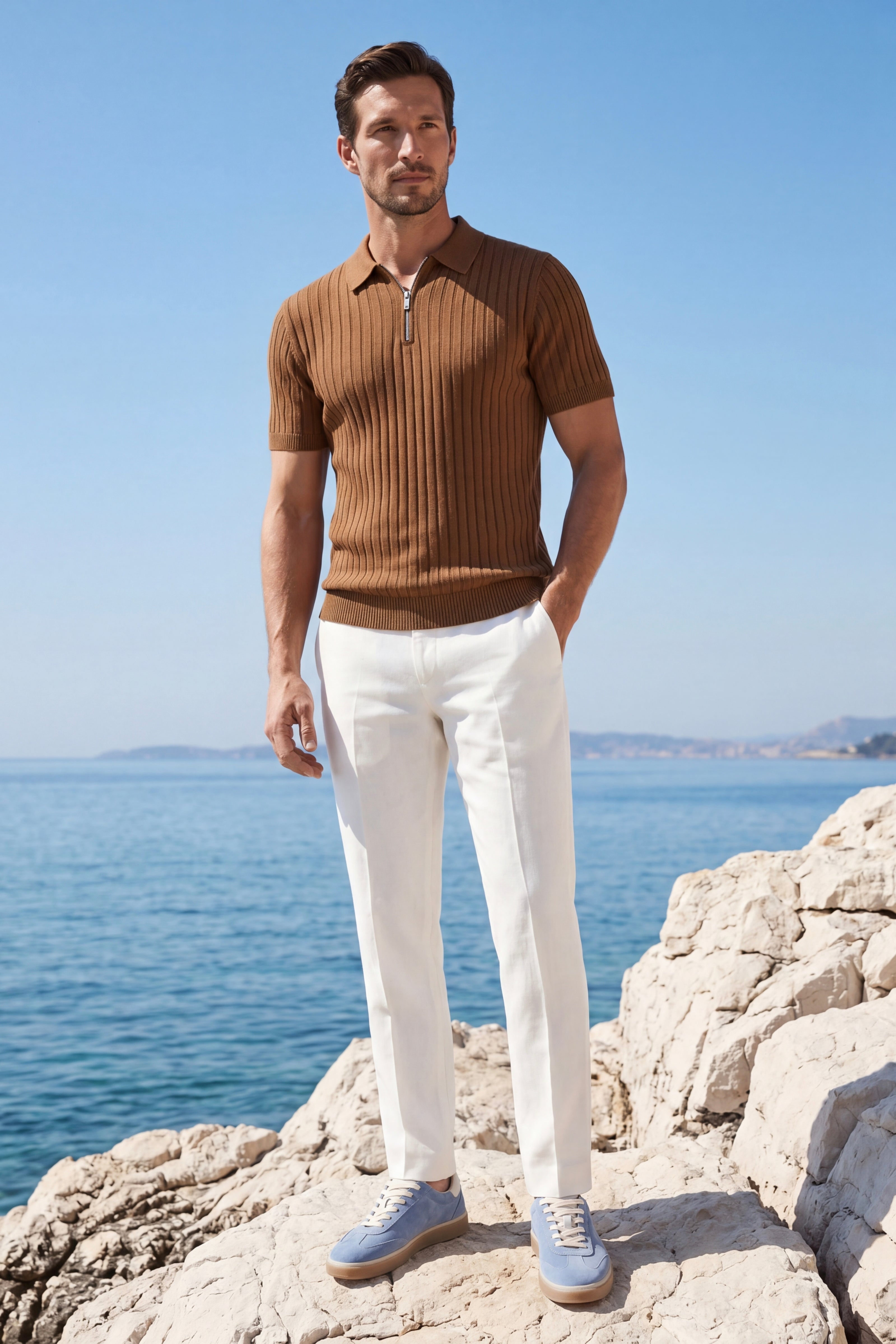 Elio Ribbed Zip Polo Caramel