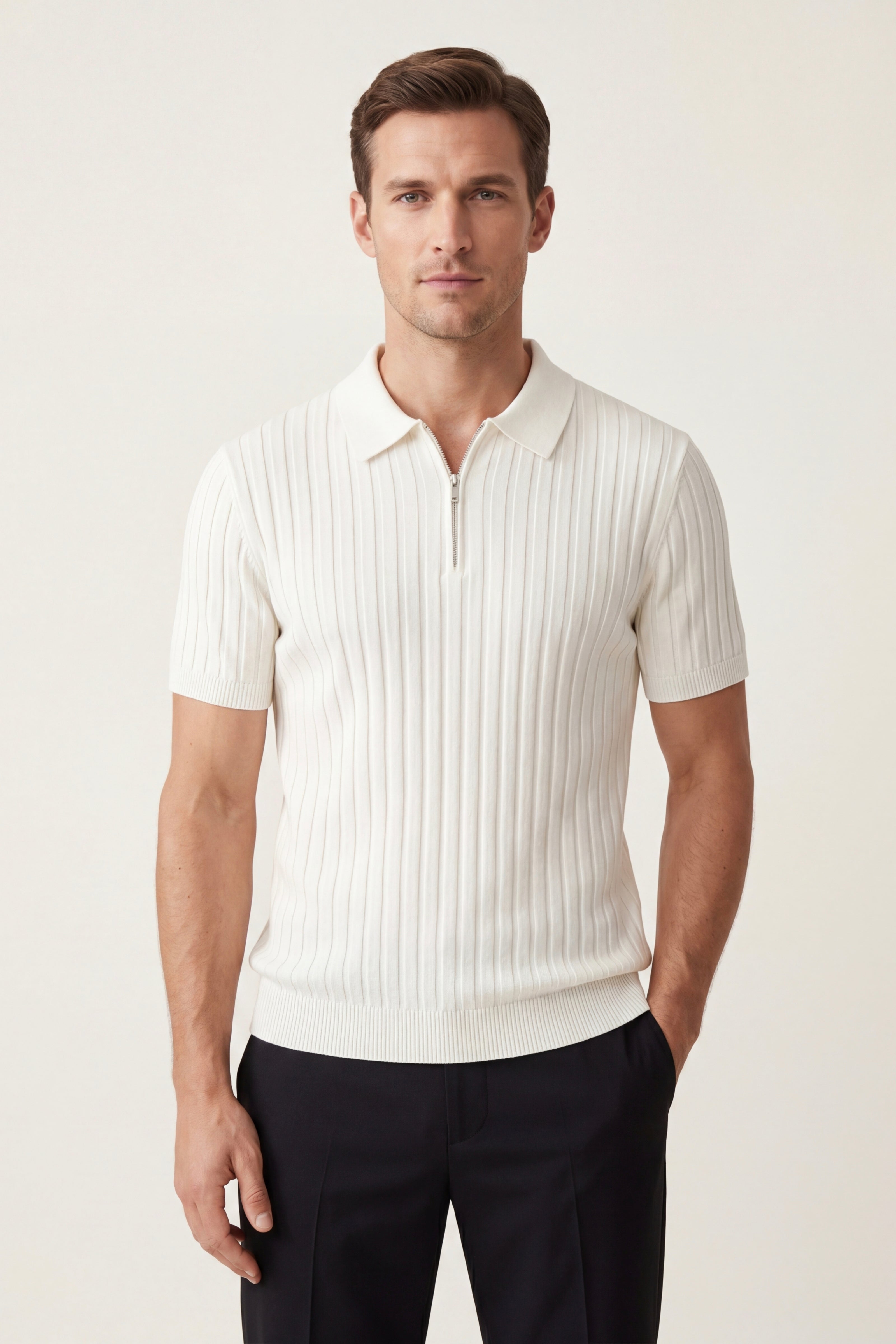 Elio Ribbed Zip Polo White