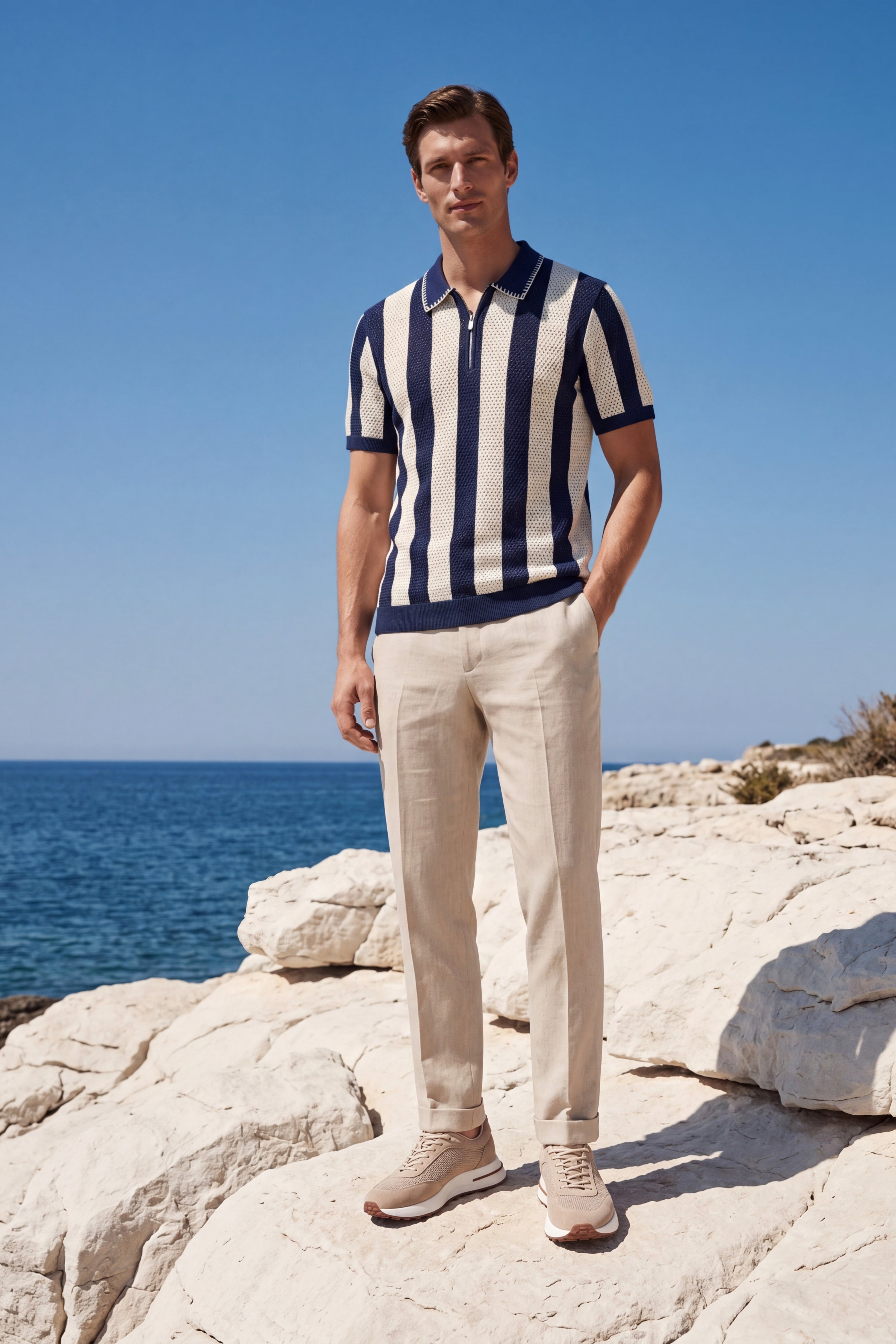 Silano Striped Knit Polo Navy