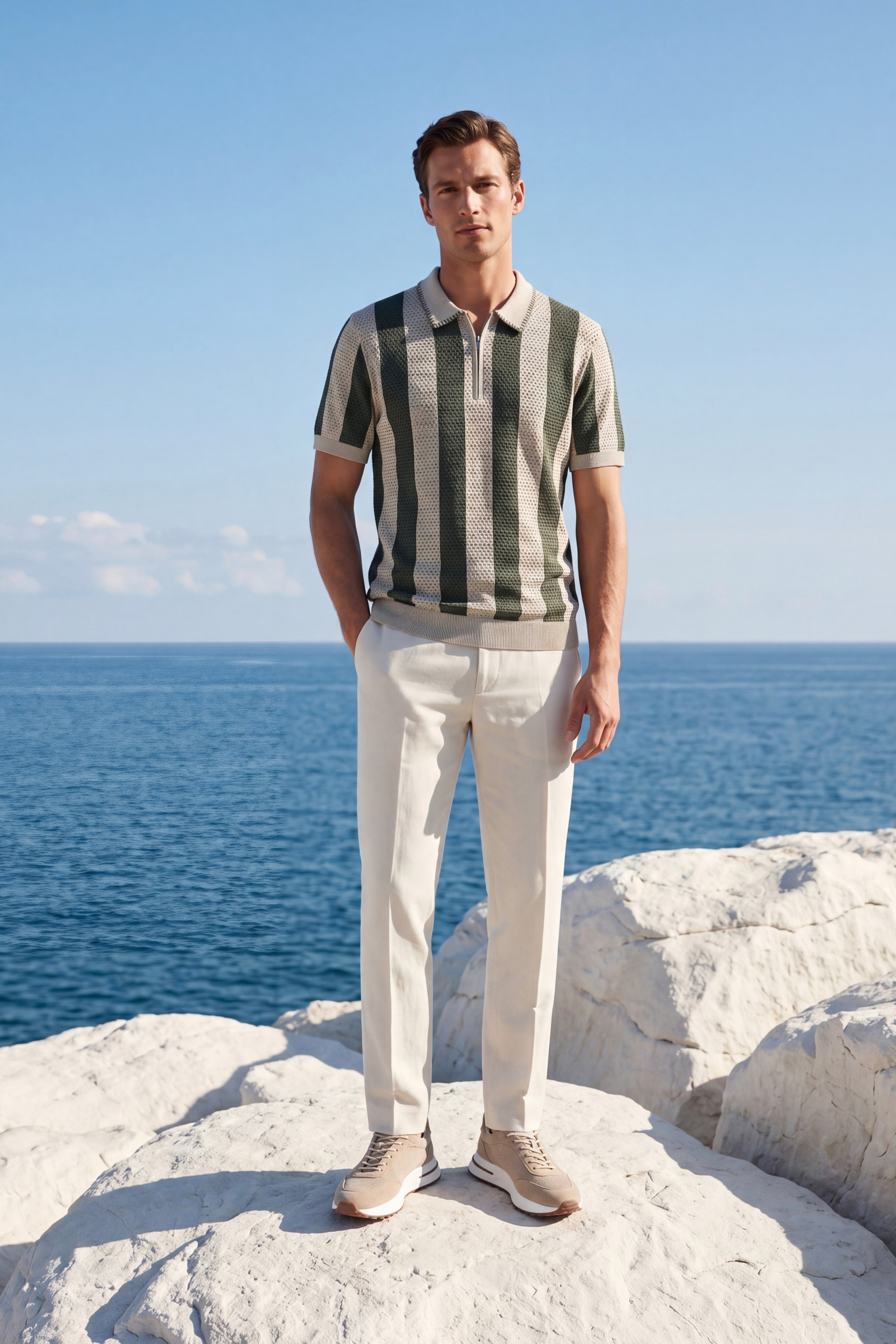 Silano Striped Knit Polo Green