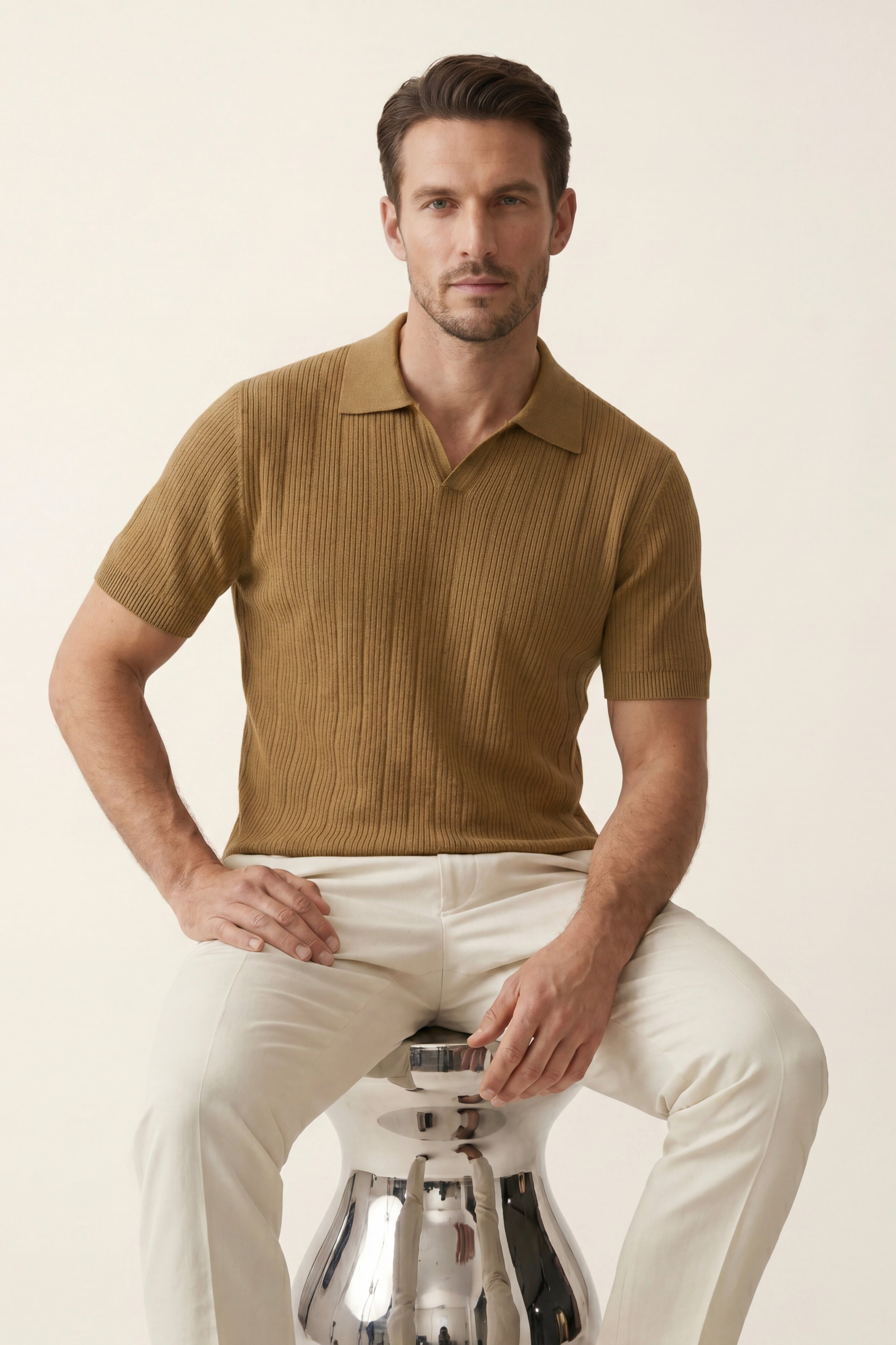 Nicolo Ribbed Knit Polo Caramel