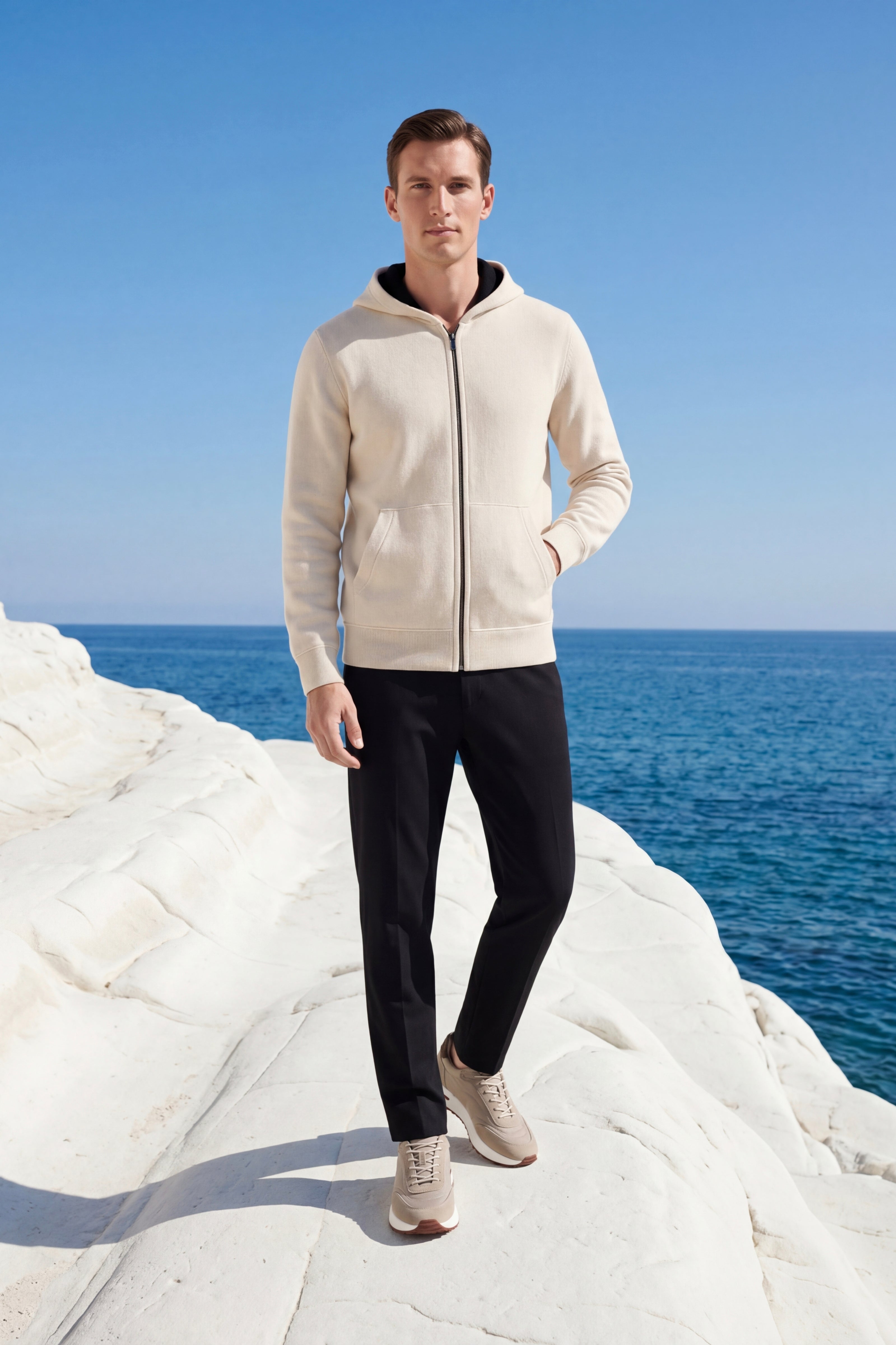 Novaro Hooded Zip Knit Ivory/Black