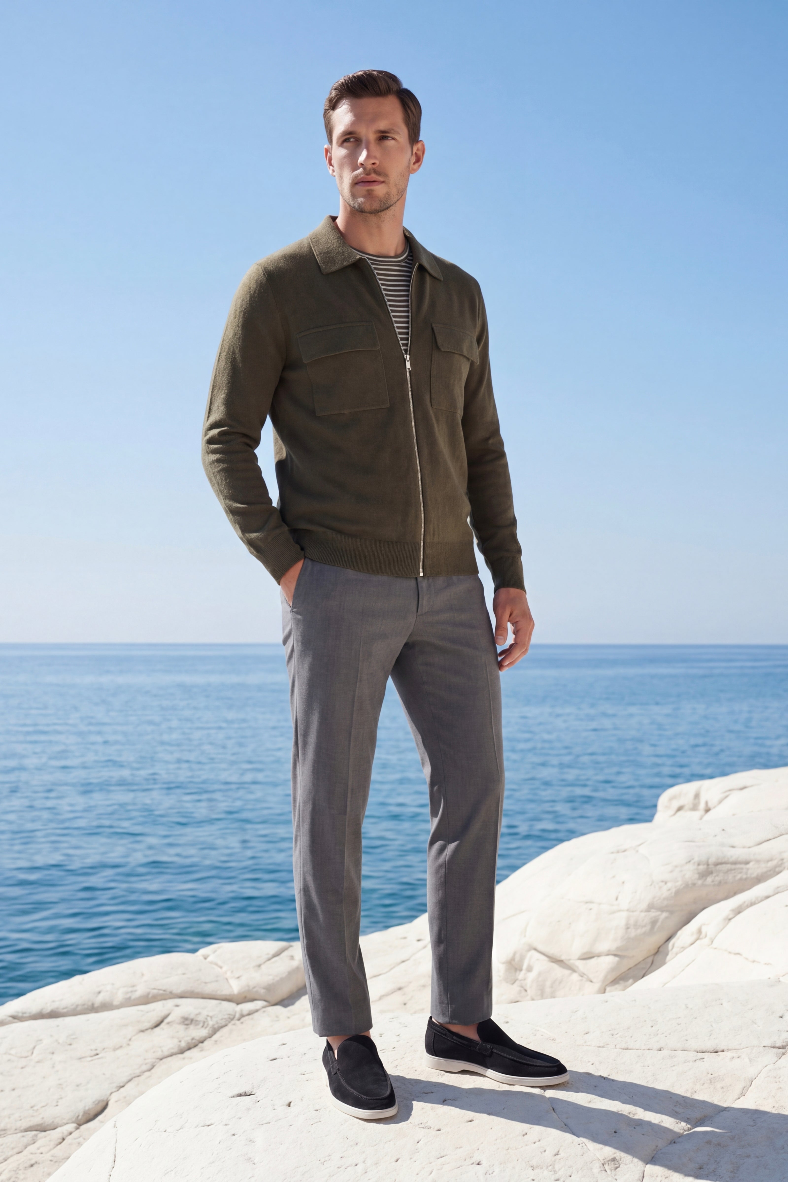 Orvello Dual-Zip Wool Cardigan Army Green