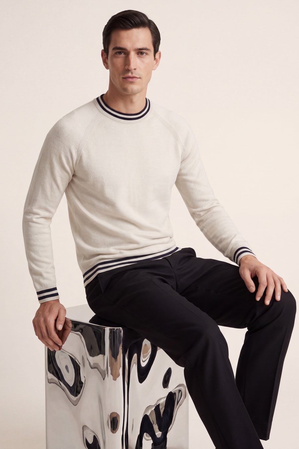 Cremona Merino Contrast Trim Crewneck Cream