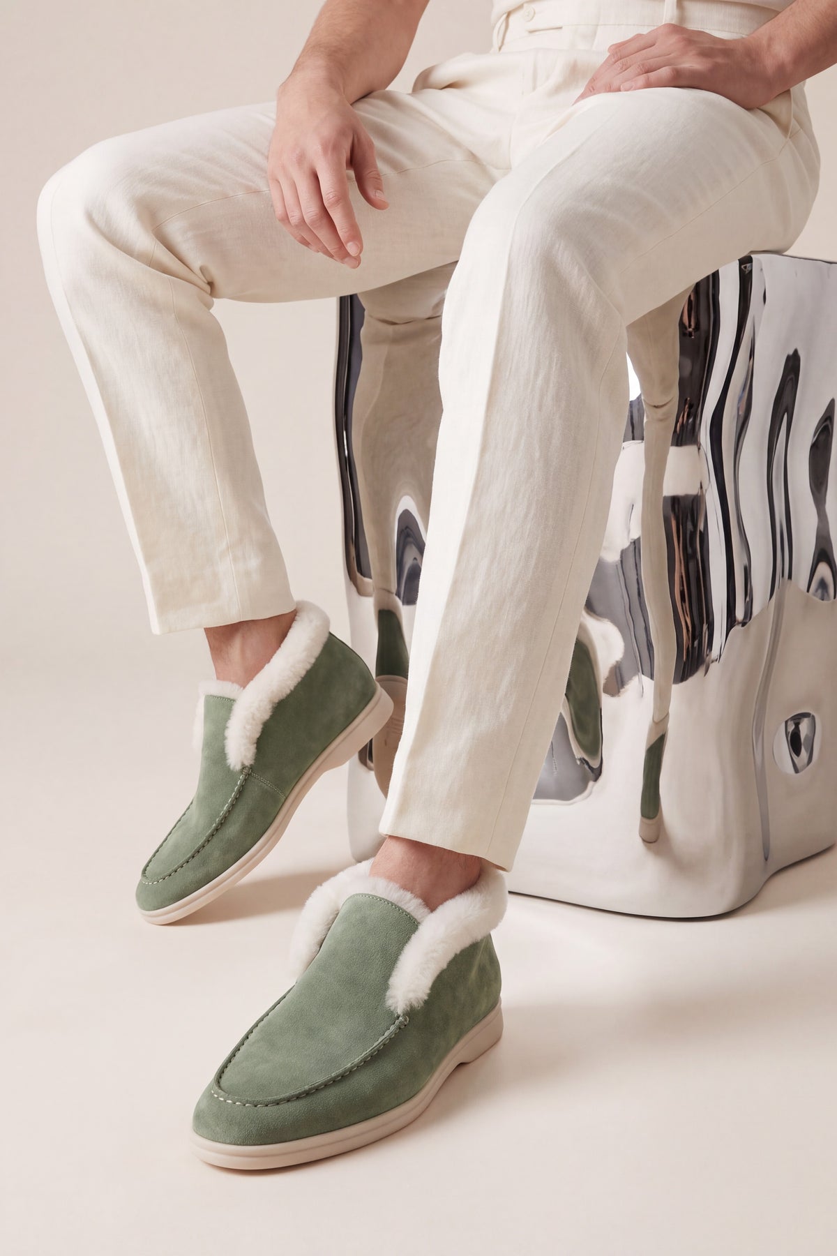 Arzano Fur-Lined High Top Loafer Sage Green