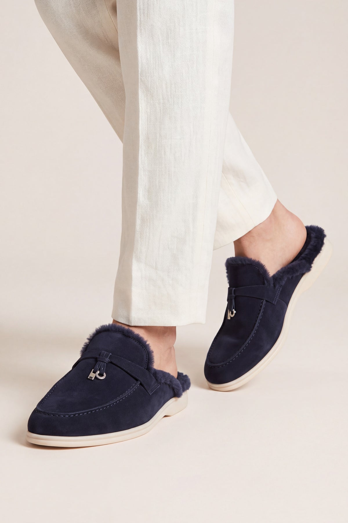 Maretti Fur-Lined Buckle Mule Navy